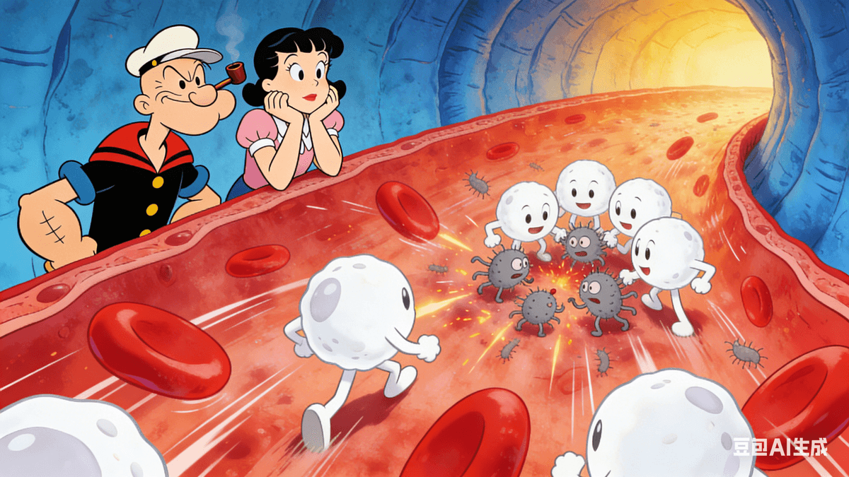 With that, Professor Owl pulled out a magical tablet screen and pressed a button. A vivid animation sprang to life. On the screen, countless colorful particles—just like the ones in the jar—were zooming back and forth through winding tunnels (blood vessels). They looked exactly like guards on patrol. Suddenly, several gray, jagged little monsters (bacteria) broke in. The colorful immune cells immediately snapped to attention. They swarmed the intruders, dismantling the gray monsters until they were completely gone. Popeye clapped his hands, impressed. "Wow! Those security guards are amazing! They're almost as brave as me!" With that, Professor Owl pulled out a magical tablet screen and pressed a button. A vivid animation sprang to life. On the screen, countless colorful particles—just like the ones in the jar—were zooming back and forth through winding tunnels (blood vessels). They looked exactly like guards on patrol. Suddenly, several gray, jagged little monsters (bacteria) broke in. The colorful immune cells immediately snapped to attention. They swarmed the intruders, dismantling the gray monsters until they were completely gone. Popeye clapped his hands, impressed. "Wow! Those security guards are amazing! They're almost as brave as me!"