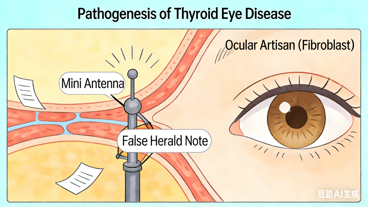 Question 5: What causes thyroid eye disease? What are autoantibodies against thyroid-stimulating hormone receptors (TSH), and why do they cause fibroblasts in the eye to differentiate into adipocytes, secrete inflammatory factors, and cause thyroid eye disease? I. First, a review: What are autoantibodies against TSH receptors? Remember in Graves' disease, when the body's "immune system security team" mistook one of the receptors for a culprit? It mistook the **"receiving antenna" (TSH receptor) on the thyroid gland's door** for a culprit and created many "fake messenger notes"—these notes are autoantibodies against TSH receptors. They look very similar to the real "messenger" (TSH) and are particularly persistent, randomly attaching "antennae" and sending incorrect instructions. II. "Mini Antennas" Hidden in the Eyes Around our eyes live many **"little eye craftsmen" (eye fibroblasts). These little craftsmen's job is to "repair" the tissues around the eyes, keeping the eyelids and eye sockets looking normal. Amazingly, these "little eye craftsmen" also possess miniature versions of "receiving antennas" (thyroid-stimulating hormone receptors)**—the same type as the antennas on the doors of thyroid factories! III. False Messengers Cause Thyroid Eye Disease These mischievous autoantibodies (false messenger notes) not only cause trouble in the thyroid factory but also drift around the eyes, sticking to the miniature antennas of the "little eye craftsmen." This sticking triggers two undesirable changes: 1. The craftsmen become "fat cells" Normal "little eye craftsmen" (fibroblasts) are forcibly transformed into **"fat little fatties" (lipocytes)**. These fat cells pile up in the eye socket, "pushing" the eyeball outwards, making the eyes appear to bulge. 2. Releasing "inflammatory bombs" The stuck craftsmen also become angry, secreting many **"inflammatory factors"**—like throwing out a bunch of small bombs, causing redness, swelling, dryness, and pain around the eyes, and also affecting eye movement. In short, thyroid eye disease is essentially Graves' disease's **"false messenger notes"**, which get stuck in the eye and affect the eye's tiny antennae, causing fat buildup in the eye socket and minor problems like eye inflammation and redness. Question 5: What causes thyroid eye disease? What are autoantibodies against thyroid-stimulating hormone receptors (TSH), and why do they cause fibroblasts in the eye to differentiate into adipocytes, secrete inflammatory factors, and cause thyroid eye disease? I. First, a review: What are autoantibodies against TSH receptors? Remember in Graves' disease, when the body's "immune system security team" mistook one of the receptors for a culprit? It mistook the **"receiving antenna" (TSH receptor) on the thyroid gland's door** for a culprit and created many "fake messenger notes"—these notes are autoantibodies against TSH receptors. They look very similar to the real "messenger" (TSH) and are particularly persistent, randomly attaching "antennae" and sending incorrect instructions. II. "Mini Antennas" Hidden in the Eyes Around our eyes live many **"little eye craftsmen" (eye fibroblasts). These little craftsmen's job is to "repair" the tissues around the eyes, keeping the eyelids and eye sockets looking normal. Amazingly, these "little eye craftsmen" also possess miniature versions of "receiving antennas" (thyroid-stimulating hormone receptors)**—the same type as the antennas on the doors of thyroid factories! III. False Messengers Cause Thyroid Eye Disease These mischievous autoantibodies (false messenger notes) not only cause trouble in the thyroid factory but also drift around the eyes, sticking to the miniature antennas of the "little eye craftsmen." This sticking triggers two undesirable changes: 1. The craftsmen become "fat cells" Normal "little eye craftsmen" (fibroblasts) are forcibly transformed into **"fat little fatties" (lipocytes)**. These fat cells pile up in the eye socket, "pushing" the eyeball outwards, making the eyes appear to bulge. 2. Releasing "inflammatory bombs" The stuck craftsmen also become angry, secreting many **"inflammatory factors"**—like throwing out a bunch of small bombs, causing redness, swelling, dryness, and pain around the eyes, and also affecting eye movement. In short, thyroid eye disease is essentially Graves' disease's **"false messenger notes"**, which get stuck in the eye and affect the eye's tiny antennae, causing fat buildup in the eye socket and minor problems like eye inflammation and redness.