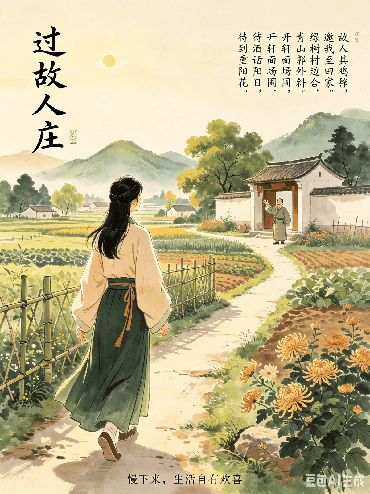 Tang Dynasty Poetic Healing: Erasing Modern Mental Friction and Cultivating a Life of Ease Meng Haoran’s Passing by an Old Friend’s Estate — Savoring Pastoral Joy, Letting Go of Busyness, and Finding Happiness in Simplicity I. The Original Poem Passing by an Old Friend’s Estate (过故人庄) An old friend prepared chicken and millet, Inviting me to his country home. Green trees embrace the village edge, Blue mountains slant beyond the city wall. Opening the window to face the threshing floor and garden, Holding our wine, we talk of mulberry and hemp. Wait until the Double Ninth Festival, I will come again to admire the chrysanthemums. II. Poetic Insight Meng Haoran lived a life indifferent to fame and fortune. He disliked the utilitarian networking, the hurried pace, and the superficiality of officialdom and city life, preferring the simple, grounding rhythm of the countryside. Invited to an old friend’s farmhouse, there was no lavish banquet, no transactional small talk, and no comparison of status. The simple rural meal was rustic yet heartwarming; the village was enveloped by green trees and framed by leaning mountains. Opening the window to the vegetable garden, they drank wine and chatted easily about farming and daily life. Their interaction was entirely natural and relaxed, concluding with a spontaneous promise to meet again in the autumn. The core healing message of this poem is to discard utilitarian busyness, return to grounded simplicity, drop the social mask, and find low-cost joy in a relaxed, ordinary life. In the High Tang era, many people chased career advancement, spending their days rushing around and networking. They equated busyness with excellence and wealth with happiness, leaving themselves physically and mentally exhausted. Meng Haoran saw through this worldly illusion: high-level happiness is never about the halo of fame and fortune or bustling social events, but about aimless, non-utilitarian, and comparison-free moments of simplicity. You do not need to artificially elevate your lifestyle or relentlessly chase busyness. The grounding reality of daily life and quiet conversations with a confidant offer true peace and joy, curing the anxiety of ambition and the internal friction of the constant hustle. III. Real-World Application As a mindset consultant, I frequently observe a modern "busyness addiction" driving intense internal friction among adults. You passively fall into cycles of ineffective busyness: overtime culture, utilitarian networking, side hustles, and competitive consumption. You pack your schedule and accelerate your life, mistakenly believing that the busier you are, the more valuable you become. You are afraid to stop and terrified of having free time; the moment you sit idly, a wave of guilt washes over you for "wasting time." At the same time, socializing becomes entirely purpose-driven. You build friendships based on resources and maintain a tight, polite facade. You remain chronically tense—busy but unhappy, feeling emptier the harder you push, ultimately losing touch with the core of your life. Use the pastoral mindset to break the guilt of busyness and heal this internal friction: 1. Embrace the Value of Idleness and Stop "Performative" Busyness: Life does not require you to move at top speed 24/7. Having free time, zoning out, or simply puttering around the house is never a waste of time. Restoring your mind and body is a mandatory course in life. Let go of the obsession that "idleness is a sin," and give yourself permission to slow down, rest, and embrace periods of inactivity. 2. Simplify Utilitarian Socializing and Preserve Relaxed Relationships: Discard transactional networking and fake dinner parties. Step away from relationships built on weighing pros and cons. Keep a small circle of true confidants where you don't need to please anyone, wear a mask, or talk about personal gain. Simply chatting about daily life is enough to heal your mind and body. 3. Return to Grounded Simplicity and Lower Your Threshold for Happiness: You don't need to travel to the ends of the earth to find joy. A home-cooked meal, a casual chat, or a slow day are all forms of happiness. Look past society's rigid definition of success; you do not need to live a life meant for the spotlight. A life that is ordinary, stable, physically and mentally free, and unbothered is already a premium life. Let go of the obsession with hustling, enjoy the grounded simplicity of daily life, strip away utilitarian restlessness, and gather joy from the ordinary. You will naturally cultivate a life of relaxed ease. La guérison par la poésie sous la dynastie Tang : apaiser les tensions mentales modernes et cultiver une vie sereine « Visite à la demeure d'un vieil ami » de Meng Haoran : savourer les joies champêtres, délaisser l'agitation et trouver le bonheur dans la simplicité I. Le poème original Visite à la demeure d'un vieil ami (过故人庄) : Un vieil ami a préparé poulet et millet, m'invitant dans sa demeure champêtre. Des arbres verdoyants enserrent le village, des montagnes bleutées se profilent au-delà des remparts. En ouvrant la fenêtre sur l'aire de battage et le jardin, coupe en main, nous conversons de mûriers et de chanvre. Rendez-vous à la fête du Double-Neuf : je reviendrai admirer les chrysanthèmes. II. Perspective poétique Meng Haoran menait une existence détachée de la gloire et de la fortune. Il répugnait aux réseaux d'intérêt, à la précipitation, ainsi qu'à la superficialité de la vie officielle et urbaine, préférant le rythme simple et ancré de la campagne. Invité dans la ferme d'un vieil ami, il ne fut question ni de banquet fastueux, ni de conversations de convenance, ni de comparaison de statuts sociaux. Le repas rural, bien que rustique, réchauffait le cœur ; le village était blotti dans la verdure et encadré par des montagnes aux lignes douces. En ouvrant la fenêtre sur le potager, ils buvaient du vin et échangeaient librement sur l'agriculture et le quotidien. Leurs échanges étaient empreints d'une naturel et d'une détente absolus, s'achevant sur la promesse spontanée de se retrouver à l'automne. Le message profond de ce poème, source de guérison, nous invite à rejeter l'agitation utilitaire, à revenir à une simplicité ancrée dans le réel, à faire tomber le masque social et à trouver une joie simple dans une vie ordinaire et détendue. À l'apogée de la dynastie Tang, beaucoup couraient après l'avancement de carrière, passant leurs journées à s'affairer et à tisser des liens d'intérêt. Ils assimilaient l'agitation à l'excellence et la richesse au bonheur, s'épuisant tant physiquement que mentalement. Meng Haoran a su percer à jour cette illusion mondaine : le véritable bonheur ne réside ni dans l'éclat de la gloire et de la fortune, ni dans le tumulte des mondanités, mais dans ces moments de simplicité sans but précis, dénués de toute visée utilitaire ou comparaison. Il n'est nul besoin d'élever artificiellement son train de vie ou de courir sans relâche après l'agitation. La réalité concrète du quotidien et les conversations paisibles avec un confident offrent une paix et une joie véritables, guérissant l'anxiété née de l'ambition et les tensions intérieures engendrées par la course effrénée de la vie. III. Application concrète En tant que consultant spécialisé dans les mentalités, j'observe souvent une « addiction à l'agitation » moderne qui génère une intense tension intérieure chez les adultes. Vous tombez passivement dans des cycles d'activité inefficace : culture des heures supplémentaires, réseautage utilitaire, activités annexes et consommation compétitive. Vous saturez votre emploi du temps et accélérez le rythme de votre vie, croyant à tort que plus vous êtes occupé, plus vous avez de la valeur. Vous craignez de vous arrêter et êtes terrifié à l'idée d'avoir du temps libre ; dès que vous restez inactif, une vague de culpabilité vous envahit, vous reprochant de « perdre votre temps ». Parallèlement, vos interactions sociales deviennent purement utilitaires. Vous nouez des amitiés fondées sur l'échange de ressources tout en maintenant une façade de politesse rigide. Vous restez dans un état de tension chronique : occupé mais malheureux, vous vous sentez d'autant plus vide que vous vous surmenez, finissant par perdre le lien avec l'essentiel de votre vie. Adoptez l'état d'esprit « pastoral » pour vous libérer de la culpabilité liée à l'agitation et apaiser cette tension intérieure : 1. Valorisez l'oisiveté et renoncez à l'agitation « de façade » : La vie n'exige pas que vous avanciez à toute allure 24 heures sur 24 et 7 jours sur 7. Avoir du temps libre, laisser vagabonder son esprit ou simplement vaquer à de petites occupations domestiques ne constitue jamais une perte de temps. Régénérer son corps et son esprit est une étape indispensable de l'existence. Libérez-vous de l'obsession selon laquelle « l'oisiveté est un péché » et autorisez-vous à ralentir, à vous reposer et à accepter les périodes d'inactivité. 2. Simplifiez vos relations sociales et privilégiez la détente : Délaissez le réseautage transactionnel et les dîners mondains artificiels. Éloignez-vous des relations fondées sur un calcul constant des avantages et des inconvénients. Entourez-vous d'un cercle restreint de véritables confidents, avec qui vous n'avez nul besoin de plaire, de porter un masque ou d'évoquer des intérêts personnels. Une simple conversation sur le quotidien suffit à apaiser l'esprit et le corps. 3. Revenez à une simplicité ancrée dans le réel et revoyez vos attentes en matière de bonheur : Point n'est besoin de voyager au bout du monde pour trouver la joie. Un repas fait maison, une conversation informelle ou une journée au rythme lent sont autant de formes de bonheur. Affranchissez-vous de la définition rigide du succès imposée par la société ; vous n'êtes pas obligé de mener une vie faite pour les projecteurs. Une vie ordinaire, stable, libre physiquement et mentalement, et sereine, est déjà une vie d'exception. Débarrassez-vous de l'obsession de la course effrénée, savourez la simplicité ancrée du quotidien, dépouillez-vous de cette agitation utilitaire et puisez de la joie dans l'ordinaire. Vous cultiverez naturellement une vie empreinte de sérénité et de légèreté. Tang Dynasty Poetic Healing: Erasing Modern Mental Friction and Cultivating a Life of Ease Meng Haoran’s Passing by an Old Friend’s Estate — Savoring Pastoral Joy, Letting Go of Busyness, and Finding Happiness in Simplicity I. The Original Poem Passing by an Old Friend’s Estate (过故人庄) An old friend prepared chicken and millet, Inviting me to his country home. Green trees embrace the village edge, Blue mountains slant beyond the city wall. Opening the window to face the threshing floor and garden, Holding our wine, we talk of mulberry and hemp. Wait until the Double Ninth Festival, I will come again to admire the chrysanthemums. II. Poetic Insight Meng Haoran lived a life indifferent to fame and fortune. He disliked the utilitarian networking, the hurried pace, and the superficiality of officialdom and city life, preferring the simple, grounding rhythm of the countryside. Invited to an old friend’s farmhouse, there was no lavish banquet, no transactional small talk, and no comparison of status. The simple rural meal was rustic yet heartwarming; the village was enveloped by green trees and framed by leaning mountains. Opening the window to the vegetable garden, they drank wine and chatted easily about farming and daily life. Their interaction was entirely natural and relaxed, concluding with a spontaneous promise to meet again in the autumn. The core healing message of this poem is to discard utilitarian busyness, return to grounded simplicity, drop the social mask, and find low-cost joy in a relaxed, ordinary life. In the High Tang era, many people chased career advancement, spending their days rushing around and networking. They equated busyness with excellence and wealth with happiness, leaving themselves physically and mentally exhausted. Meng Haoran saw through this worldly illusion: high-level happiness is never about the halo of fame and fortune or bustling social events, but about aimless, non-utilitarian, and comparison-free moments of simplicity. You do not need to artificially elevate your lifestyle or relentlessly chase busyness. The grounding reality of daily life and quiet conversations with a confidant offer true peace and joy, curing the anxiety of ambition and the internal friction of the constant hustle. III. Real-World Application As a mindset consultant, I frequently observe a modern "busyness addiction" driving intense internal friction among adults. You passively fall into cycles of ineffective busyness: overtime culture, utilitarian networking, side hustles, and competitive consumption. You pack your schedule and accelerate your life, mistakenly believing that the busier you are, the more valuable you become. You are afraid to stop and terrified of having free time; the moment you sit idly, a wave of guilt washes over you for "wasting time." At the same time, socializing becomes entirely purpose-driven. You build friendships based on resources and maintain a tight, polite facade. You remain chronically tense—busy but unhappy, feeling emptier the harder you push, ultimately losing touch with the core of your life. Use the pastoral mindset to break the guilt of busyness and heal this internal friction: 1. Embrace the Value of Idleness and Stop "Performative" Busyness: Life does not require you to move at top speed 24/7. Having free time, zoning out, or simply puttering around the house is never a waste of time. Restoring your mind and body is a mandatory course in life. Let go of the obsession that "idleness is a sin," and give yourself permission to slow down, rest, and embrace periods of inactivity. 2. Simplify Utilitarian Socializing and Preserve Relaxed Relationships: Discard transactional networking and fake dinner parties. Step away from relationships built on weighing pros and cons. Keep a small circle of true confidants where you don't need to please anyone, wear a mask, or talk about personal gain. Simply chatting about daily life is enough to heal your mind and body. 3. Return to Grounded Simplicity and Lower Your Threshold for Happiness: You don't need to travel to the ends of the earth to find joy. A home-cooked meal, a casual chat, or a slow day are all forms of happiness. Look past society's rigid definition of success; you do not need to live a life meant for the spotlight. A life that is ordinary, stable, physically and mentally free, and unbothered is already a premium life. Let go of the obsession with hustling, enjoy the grounded simplicity of daily life, strip away utilitarian restlessness, and gather joy from the ordinary. You will naturally cultivate a life of relaxed ease. La guérison par la poésie sous la dynastie Tang : apaiser les tensions mentales modernes et cultiver une vie sereine « Visite à la demeure d'un vieil ami » de Meng Haoran : savourer les joies champêtres, délaisser l'agitation et trouver le bonheur dans la simplicité I. Le poème original Visite à la demeure d'un vieil ami (过故人庄) : Un vieil ami a préparé poulet et millet, m'invitant dans sa demeure champêtre. Des arbres verdoyants enserrent le village, des montagnes bleutées se profilent au-delà des remparts. En ouvrant la fenêtre sur l'aire de battage et le jardin, coupe en main, nous conversons de mûriers et de chanvre. Rendez-vous à la fête du Double-Neuf : je reviendrai admirer les chrysanthèmes. II. Perspective poétique Meng Haoran menait une existence détachée de la gloire et de la fortune. Il répugnait aux réseaux d'intérêt, à la précipitation, ainsi qu'à la superficialité de la vie officielle et urbaine, préférant le rythme simple et ancré de la campagne. Invité dans la ferme d'un vieil ami, il ne fut question ni de banquet fastueux, ni de conversations de convenance, ni de comparaison de statuts sociaux. Le repas rural, bien que rustique, réchauffait le cœur ; le village était blotti dans la verdure et encadré par des montagnes aux lignes douces. En ouvrant la fenêtre sur le potager, ils buvaient du vin et échangeaient librement sur l'agriculture et le quotidien. Leurs échanges étaient empreints d'une naturel et d'une détente absolus, s'achevant sur la promesse spontanée de se retrouver à l'automne. Le message profond de ce poème, source de guérison, nous invite à rejeter l'agitation utilitaire, à revenir à une simplicité ancrée dans le réel, à faire tomber le masque social et à trouver une joie simple dans une vie ordinaire et détendue. À l'apogée de la dynastie Tang, beaucoup couraient après l'avancement de carrière, passant leurs journées à s'affairer et à tisser des liens d'intérêt. Ils assimilaient l'agitation à l'excellence et la richesse au bonheur, s'épuisant tant physiquement que mentalement. Meng Haoran a su percer à jour cette illusion mondaine : le véritable bonheur ne réside ni dans l'éclat de la gloire et de la fortune, ni dans le tumulte des mondanités, mais dans ces moments de simplicité sans but précis, dénués de toute visée utilitaire ou comparaison. Il n'est nul besoin d'élever artificiellement son train de vie ou de courir sans relâche après l'agitation. La réalité concrète du quotidien et les conversations paisibles avec un confident offrent une paix et une joie véritables, guérissant l'anxiété née de l'ambition et les tensions intérieures engendrées par la course effrénée de la vie. III. Application concrète En tant que consultant spécialisé dans les mentalités, j'observe souvent une « addiction à l'agitation » moderne qui génère une intense tension intérieure chez les adultes. Vous tombez passivement dans des cycles d'activité inefficace : culture des heures supplémentaires, réseautage utilitaire, activités annexes et consommation compétitive. Vous saturez votre emploi du temps et accélérez le rythme de votre vie, croyant à tort que plus vous êtes occupé, plus vous avez de la valeur. Vous craignez de vous arrêter et êtes terrifié à l'idée d'avoir du temps libre ; dès que vous restez inactif, une vague de culpabilité vous envahit, vous reprochant de « perdre votre temps ». Parallèlement, vos interactions sociales deviennent purement utilitaires. Vous nouez des amitiés fondées sur l'échange de ressources tout en maintenant une façade de politesse rigide. Vous restez dans un état de tension chronique : occupé mais malheureux, vous vous sentez d'autant plus vide que vous vous surmenez, finissant par perdre le lien avec l'essentiel de votre vie. Adoptez l'état d'esprit « pastoral » pour vous libérer de la culpabilité liée à l'agitation et apaiser cette tension intérieure : 1. Valorisez l'oisiveté et renoncez à l'agitation « de façade » : La vie n'exige pas que vous avanciez à toute allure 24 heures sur 24 et 7 jours sur 7. Avoir du temps libre, laisser vagabonder son esprit ou simplement vaquer à de petites occupations domestiques ne constitue jamais une perte de temps. Régénérer son corps et son esprit est une étape indispensable de l'existence. Libérez-vous de l'obsession selon laquelle « l'oisiveté est un péché » et autorisez-vous à ralentir, à vous reposer et à accepter les périodes d'inactivité. 2. Simplifiez vos relations sociales et privilégiez la détente : Délaissez le réseautage transactionnel et les dîners mondains artificiels. Éloignez-vous des relations fondées sur un calcul constant des avantages et des inconvénients. Entourez-vous d'un cercle restreint de véritables confidents, avec qui vous n'avez nul besoin de plaire, de porter un masque ou d'évoquer des intérêts personnels. Une simple conversation sur le quotidien suffit à apaiser l'esprit et le corps. 3. Revenez à une simplicité ancrée dans le réel et revoyez vos attentes en matière de bonheur : Point n'est besoin de voyager au bout du monde pour trouver la joie. Un repas fait maison, une conversation informelle ou une journée au rythme lent sont autant de formes de bonheur. Affranchissez-vous de la définition rigide du succès imposée par la société ; vous n'êtes pas obligé de mener une vie faite pour les projecteurs. Une vie ordinaire, stable, libre physiquement et mentalement, et sereine, est déjà une vie d'exception. Débarrassez-vous de l'obsession de la course effrénée, savourez la simplicité ancrée du quotidien, dépouillez-vous de cette agitation utilitaire et puisez de la joie dans l'ordinaire. Vous cultiverez naturellement une vie empreinte de sérénité et de légèreté.
