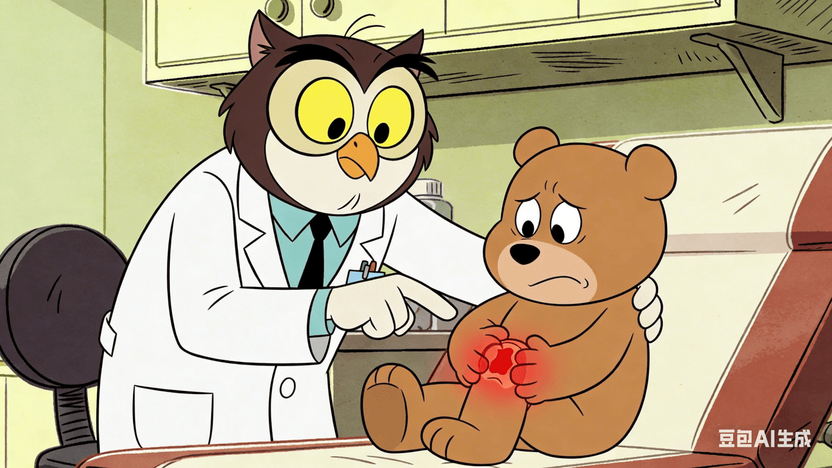 The Professor stood and approached the little bear. He pointed gently to the cub's knees, which looked red and swollen. When the bear tried to shift his leg, he let out a sharp cry—"Ouch!"—and tears welled in his eyes. "This little bear is suffering from Rheumatoid Arthritis, one of the most common autoimmune diseases," Professor Owl explained softly. "Our immune system is supposed to be a bodyguard. But in this case, the bodyguard is confused. It has mistaken the healthy cells in the joints for enemies and is attacking them. This causes the redness, swelling, and stiffness. Mornings are the hardest; simple things like stretching or walking become painful battles." Popeye shot to his feet and carefully helped the bear adjust his position. "Good grief, that looks painful! Is it the same as my arm? Sometimes I can barely lift a can of spinach. You’ve got it worse than me, little buddy." Professor Owl patted Popeye’s shoulder. "It’s similar, but distinct. Rheumatoid arthritis targets the joints. Your symptoms, Popeye, suggest your muscles are being targeted, causing that weakness. Now, let’s look at our friend the rabbit." The Professor stood and approached the little bear. He pointed gently to the cub's knees, which looked red and swollen. When the bear tried to shift his leg, he let out a sharp cry—"Ouch!"—and tears welled in his eyes. "This little bear is suffering from Rheumatoid Arthritis, one of the most common autoimmune diseases," Professor Owl explained softly. "Our immune system is supposed to be a bodyguard. But in this case, the bodyguard is confused. It has mistaken the healthy cells in the joints for enemies and is attacking them. This causes the redness, swelling, and stiffness. Mornings are the hardest; simple things like stretching or walking become painful battles." Popeye shot to his feet and carefully helped the bear adjust his position. "Good grief, that looks painful! Is it the same as my arm? Sometimes I can barely lift a can of spinach. You’ve got it worse than me, little buddy." Professor Owl patted Popeye’s shoulder. "It’s similar, but distinct. Rheumatoid arthritis targets the joints. Your symptoms, Popeye, suggest your muscles are being targeted, causing that weakness. Now, let’s look at our friend the rabbit."