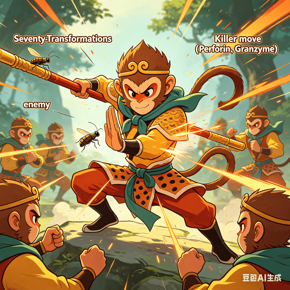 Episode 1: The Birth of the Stone Monkey & The Awakening of the CD8⁺ T Cell — The Growth of an Immune "Killer" On the Mountain of Flowers and Fruit in the Eastern Continent of Superior Body, the clouds and mist looked like a fairyland. At the mountain's peak stood a magic stone that had absorbed the essence of the sun and moon for thousands of years, glowing faintly with golden light like a fully charged battery. Suddenly, with a deafening thunderclap, the stone exploded. A streak of golden light shot into the sky. When the light faded, a stone monkey with a hairy, thunder-god-like face was left scratching his head, looking at the world in total confusion, much like a newborn baby waking up with no idea where he was. "Where is this place? Who am I?" The stone monkey skipped and leaped through the woods, grabbing wild fruits one moment and chasing wild hares the next. Seeing that this little guy had innate divine strength, jumping higher and lifting heavier than anyone else, the other apes gathered around, calling him "Great King" and directly pushing him onto the throne as the lord of the Mountain of Flowers and Fruit. As days passed, the stone monkey lived a carefree and comfortable life on the mountain, eating, drinking, and playing around. But the joy didn't last long before worries set in. One day, watching an old ape die of old age, he squatted on the ground, hung his head, and sighed: "We live so happily every day, but in the end, we still can't escape life and death. Is there no way to live forever?" A wrinkled old ape leaned in and whispered, "Your Majesty, I've heard there are fairy mountains across the sea where immortals live. Maybe they can teach you the art of immortality, so you'll never have to fear death again." The stone monkey's eyes immediately lit up. He slapped his thigh and decided: "Great! I'll cross the ocean right now to find the immortals and learn their skills!" Acting immediately, the stone monkey stuffed a few wild fruits into his pockets, hopped onto a wooden raft, and drifted out to sea. Along the way, he endured wind, sun, waves, and rain, nearly ending up as a shark's snack. Finally, he drifted to the Spirit Platform Heart Mountain and met the Patriarch Subhuti. The Patriarch sat perfectly on a lotus throne, his eyes piercing and bright—clearly no ordinary person. "You stone monkey, you have some spiritual roots. What path do you seek?" Patriarch Subhuti asked slowly, stroking his beard. The stone monkey dropped to his knees with a thud and said respectfully, "Your disciple wishes to learn the art of immortality to escape the cycle of life and death. Please guide me, Patriarch!" Subhuti smiled and waved his hand. "The immortality you seek isn't about your physical body never dying; it's about becoming the guardian of the 'Great Tang Empire' (our human body). Only by protecting the peace of the body can you achieve true immortality. I will teach you the 72 Transformations, so you can identify 'bad guys' (antigens) and adapt flexibly. I'll also teach you a set of 'killer moves' to help you shed your ignorance and become a true immune 'killer'." The stone monkey scratched his head, still not quite understanding. "Patriarch, what are 'bad guys'? And what's a guardian?" "The 'bad guys' are the demons and monsters invading the 'Great Tang Empire'—they bully the common people (body cells) and cause destruction. And you must drive these 'bad guys' out to protect the safety of the people," Subhuti paused, his tone growing serious. "However, your temper is too impulsive. If you don't restrain yourself, you might accidentally hurt the common people. Let me tell you: in the future, if you meet a monk wearing a cassock and holding a monk's staff, he is your master. You must listen to him to achieve greatness." The stone monkey nodded, half-understanding, and muttered, "Disciple remembers. Find the master in a cassock, listen to the master!" In the days that followed, the stone monkey trained day and night, mastering the 72 Transformations. He could turn into a tiny bug to eavesdrop on "enemy intel," create clones to surround enemies, and unleash invisible "killer moves" (perforin and granzymes) to strike vital points instantly. Watching him, Subhuti nodded secretly: "You have learned all you can. Go back to the Mountain of Flowers and Fruit. Remember, do not act recklessly, and wait patiently for your master to appear." Back at the Mountain of Flowers and Fruit, the stone monkey got arrogant, feeling invincible. He crashed the Dragon Palace of the Eastern Sea and forced the Dragon King to give him a treasure. The helpless Dragon King brought out the Ruyi Jingu Bang (Golden Cudgel). The stone monkey weighed it in his hands and grinned from ear to ear: "This treasure can shrink or grow—perfect for beating demons (antigens)!" After that, he strutted away. Later, he caused chaos in the Underworld, crossing out the names of all his apes in the Book of Life and Death, boasting, "My subjects will never fear death again!" But his reckless actions ultimately angered the Heavenly Court, and he was finally crushed under the Five Elements Mountain by Buddha. He was pinned there for 500 years. During those 500 years, the stone monkey reflected every day, remembering Subhuti's words, and growing increasingly confused: "Where is my master? Can I really become a guardian and fight demons properly?" Finally, one day, footsteps echoed at the foot of the mountain. The stone monkey looked up and saw a monk wearing a cassock and holding a staff slowly walking over. He had a gentle face and determined eyes—exactly the master Subhuti had described. The stone monkey immediately got excited and cried out for help: "Master! Master, save me!" The monk stopped, looking at the stone monkey under the mountain, his eyes full of compassion: "You stone monkey, how did you get trapped here?" "My name is Sun Wukong. I was trapped here for causing havoc in Heaven. Patriarch Subhuti said you are my master!" Sun Wukong said eagerly. "Master, I know I was wrong. I'll never cause trouble again. I want to take you as my master, follow you on your journey west, fight demons, and protect the 'Great Tang Empire'!" The monk smiled slightly; it was indeed Tang Sanzang. "Since you have a repentant heart, I will save you. But you must promise me: you will never recklessly hurt people again. You must distinguish who is a demon and who is a citizen, eliminate demons precisely, and not lose your temper." With that, Tang Sanzang removed the sealing talisman from the mountain top. The Five Elements Mountain collapsed with a boom, and Sun Wukong regained his freedom. He dropped to his knees to formally acknowledge his master: "Disciple Sun Wukong greets the Master!" Tang Sanzang helped him up and handed him a tightening headband: "Wear this. If you get impulsive and lose your temper in the future, I will chant the tightening spell to restrain you." Sun Wukong put it on without hesitation, secretly swearing to himself: I will definitely listen to my master and become a qualified immune guardian. Tang Sanzang looked into the distance, his tone gentle yet firm: "Wukong, our 'Great Tang Empire' (the body) is being invaded by a group of demons (antigens), and the people (cells) are suffering miserably. Our journey to the west is a journey to protect the 'Great Tang Empire.' Though the road ahead is perilous, as long as we work together, we can drive the demons out. Do you dare to come with me?" Sun Wukong gripped his Golden Cudgel tightly, his eyes full of determination. Patting his chest, he said, "Rest assured, Master! I, Old Sun, have vast magical powers. I will surely keep you safe and wipe out all the demons!" The master and disciple walked side by side toward the west, bathed in sunlight. A journey of immune protection, full of joy and science, had officially begun. (A little secret here: Sun Wukong didn't know it yet, but his core skill—lysing infected cells—is exactly what CD8⁺ T cells do in our immune system. It's only by following his master that he will truly understand his "job responsibilities"!) The Immune System's Elite Assassin: Understanding CD8⁺ T Cells Imagine your body as a high-security kingdom, constantly under threat from invaders. While some enemies, like bacteria, might attack from the outside, others are much sneakier. Viruses, for example, don't just hang around in your bloodstream; they sneak inside your body's own cells, turning them into factories for new viruses. This is where the CD8⁺ T cell, our immune system's elite assassin, steps in. Think of CD8⁺ T cells as the Special Forces of your immune system. Their mission? To identify and eliminate your own body cells that have gone rogue—either because they've been infected by viruses or other intracellular pathogens, or because they've transformed into cancer cells. They don't attack the invaders themselves, but rather the infected cells that are harboring these threats. How They're Trained: Learning the "Bad Guys" Like any highly trained soldier, CD8⁺ T cells undergo rigorous training in a special organ called the thymus. Here, they learn a critical lesson: distinguish between "self" (your healthy body cells) and "non-self" (infected or cancerous cells). Each CD8⁺ T cell develops a unique "key" on its surface called a T cell receptor (TCR), designed to recognize a very specific "identification badge" displayed by cells. Healthy body cells constantly display fragments of their internal proteins on their surface using a special molecule called MHC Class I. This is like a cell routinely holding up an "I'm okay" sign. But when a cell gets infected by a virus, it starts making viral proteins. Fragments of these viral proteins are then also displayed on the cell's MHC Class I molecules. This acts as a distress signal—an "I'm infected!" badge. The Mission: Seeking and Identifying the Threat Our CD8⁺ T cells constantly patrol the body, scanning every cell they encounter. When a CD8⁺ T cell's specific TCR key matches the "infected" badge (viral protein fragment on MHC Class I) displayed by an unfortunate cell, it's a positive identification. This is the moment the assassin finds its target. The Action: Eliminating the Enemy Within Once a CD8⁺ T cell firmly latches onto an infected cell, it doesn't hesitate. It releases a barrage of potent "molecular grenades" and "punches." These include: • Perforin: A protein that creates pores (holes) in the target cell's membrane, much like punching holes in a wall. • Granzymes: Enzymes that slip through these pores and activate a self-destruct program within the infected cell, causing it to neatly dismantle itself without spilling its contents and spreading the infection. This process is incredibly precise and targeted. The CD8⁺ T cell doesn't cause widespread damage; it only kills the specific infected cell, leaving healthy neighbors untouched. After eliminating its target, the CD8⁺ T cell moves on to find another. The Memory: Learning from Experience After successfully fighting an infection, some CD8⁺ T cells transform into "memory T cells." These cells stick around for months, years, or even a lifetime. If the same invader ever attacks again, these memory cells can quickly multiply and launch an even faster, stronger response, often preventing you from even feeling sick. This is the basis of long-term immunity against many viral diseases. Why They Matter: Your Body's Internal Security CD8⁺ T cells are crucial for defending against viral infections (like the flu, measles, or even COVID-19), certain bacterial infections that hide inside cells, and importantly, for identifying and destroying cancerous cells before they can grow into full-blown tumors. They are the guardians that keep your internal environment safe and free from internal threats. ________________________________________ Links for CD8⁺ T Cells (Cytotoxic T Lymphocytes) References 1. Martínez-Lostao, L., et al. (2015). Perforin-mediated immune surveillance and cytolysis by CD8+ T cells. Trends in Immunology, 36(11), 664-674. • Link: https://www.cell.com/trends/immunology/fulltext/S1471-4906(15)00216-9 (Abstract) 2. Farber, D. L., et al. (2014). CD8 T cell memory: new developments and challenges. Nature Reviews Immunology, 14(1), 24-34. • Link: https://www.nature.com/articles/nri3595 (Abstract) 3. Kupz, A., & Farber, D. L. (2019). The CD8 T cell response to viral infection. Current Opinion in Virology, 36, 1-7. • Link: https://www.sciencedirect.com/science/article/pii/S187962571930068X (Abstract) 4. Blum, J. S., et al. (2013). The cell biology of MHC class I antigen presentation. Immunological Reviews, 251(1), 2-19. • Link: https://onlinelibrary.wiley.com/doi/full/10.1111/imr.12026 (Abstract) 5. Teixeiro, E., et al. (2015). CD8+ T cells: masters of adaptive immunity. Immunological Reviews, 267(1), 60-72. • Link: https://onlinelibrary.wiley.com/doi/full/10.1111/imr.12321 (Abstract) 6. Chen, D. S., & Mellman, I. (2013). Oncology meets immunology: the cancer-immunity cycle. Immunity, 39(1), 1-10. • Link: https://www.cell.com/immunity/fulltext/S1074-7613(13)00282-3 (Abstract) 7. Blank, C. U., et al. (2019). The cancer-immunity cycle and its therapeutic manipulation. Immunity, 50(5), 1109-1115. • Link: https://www.cell.com/immunity/fulltext/S1074-7613(19)30172-2 (Abstract) 8. Wherry, E. J., & Kurachi, M. (2015). Molecular and cellular insights into T cell exhaustion. Nature Reviews Immunology, 15(8), 486-499. • Link: https://www.nature.com/articles/nri3862 (Abstract) 9. Sallusto, F., et al. (2004). Central memory and effector memory T cell subsets: function, generation, and maintenance. Annual Review of Immunology, 22, 745-767. • Link: https://www.annualreviews.org/doi/abs/10.1146/annurev.immunol.22.012703.104702 (Abstract) 10. Curtsinger, J. M., & Mescher, M. F. (2010). Costimulation of naive CD8 T cells in vivo. Current Opinion in Immunology, 22(3), 323-328. • Link: https://www.sciencedirect.com/science/article/pii/S095279151000083X (Abstract) Episode 1: The Birth of the Stone Monkey & The Awakening of the CD8⁺ T Cell — The Growth of an Immune "Killer" On the Mountain of Flowers and Fruit in the Eastern Continent of Superior Body, the clouds and mist looked like a fairyland. At the mountain's peak stood a magic stone that had absorbed the essence of the sun and moon for thousands of years, glowing faintly with golden light like a fully charged battery. Suddenly, with a deafening thunderclap, the stone exploded. A streak of golden light shot into the sky. When the light faded, a stone monkey with a hairy, thunder-god-like face was left scratching his head, looking at the world in total confusion, much like a newborn baby waking up with no idea where he was. "Where is this place? Who am I?" The stone monkey skipped and leaped through the woods, grabbing wild fruits one moment and chasing wild hares the next. Seeing that this little guy had innate divine strength, jumping higher and lifting heavier than anyone else, the other apes gathered around, calling him "Great King" and directly pushing him onto the throne as the lord of the Mountain of Flowers and Fruit. As days passed, the stone monkey lived a carefree and comfortable life on the mountain, eating, drinking, and playing around. But the joy didn't last long before worries set in. One day, watching an old ape die of old age, he squatted on the ground, hung his head, and sighed: "We live so happily every day, but in the end, we still can't escape life and death. Is there no way to live forever?" A wrinkled old ape leaned in and whispered, "Your Majesty, I've heard there are fairy mountains across the sea where immortals live. Maybe they can teach you the art of immortality, so you'll never have to fear death again." The stone monkey's eyes immediately lit up. He slapped his thigh and decided: "Great! I'll cross the ocean right now to find the immortals and learn their skills!" Acting immediately, the stone monkey stuffed a few wild fruits into his pockets, hopped onto a wooden raft, and drifted out to sea. Along the way, he endured wind, sun, waves, and rain, nearly ending up as a shark's snack. Finally, he drifted to the Spirit Platform Heart Mountain and met the Patriarch Subhuti. The Patriarch sat perfectly on a lotus throne, his eyes piercing and bright—clearly no ordinary person. "You stone monkey, you have some spiritual roots. What path do you seek?" Patriarch Subhuti asked slowly, stroking his beard. The stone monkey dropped to his knees with a thud and said respectfully, "Your disciple wishes to learn the art of immortality to escape the cycle of life and death. Please guide me, Patriarch!" Subhuti smiled and waved his hand. "The immortality you seek isn't about your physical body never dying; it's about becoming the guardian of the 'Great Tang Empire' (our human body). Only by protecting the peace of the body can you achieve true immortality. I will teach you the 72 Transformations, so you can identify 'bad guys' (antigens) and adapt flexibly. I'll also teach you a set of 'killer moves' to help you shed your ignorance and become a true immune 'killer'." The stone monkey scratched his head, still not quite understanding. "Patriarch, what are 'bad guys'? And what's a guardian?" "The 'bad guys' are the demons and monsters invading the 'Great Tang Empire'—they bully the common people (body cells) and cause destruction. And you must drive these 'bad guys' out to protect the safety of the people," Subhuti paused, his tone growing serious. "However, your temper is too impulsive. If you don't restrain yourself, you might accidentally hurt the common people. Let me tell you: in the future, if you meet a monk wearing a cassock and holding a monk's staff, he is your master. You must listen to him to achieve greatness." The stone monkey nodded, half-understanding, and muttered, "Disciple remembers. Find the master in a cassock, listen to the master!" In the days that followed, the stone monkey trained day and night, mastering the 72 Transformations. He could turn into a tiny bug to eavesdrop on "enemy intel," create clones to surround enemies, and unleash invisible "killer moves" (perforin and granzymes) to strike vital points instantly. Watching him, Subhuti nodded secretly: "You have learned all you can. Go back to the Mountain of Flowers and Fruit. Remember, do not act recklessly, and wait patiently for your master to appear." Back at the Mountain of Flowers and Fruit, the stone monkey got arrogant, feeling invincible. He crashed the Dragon Palace of the Eastern Sea and forced the Dragon King to give him a treasure. The helpless Dragon King brought out the Ruyi Jingu Bang (Golden Cudgel). The stone monkey weighed it in his hands and grinned from ear to ear: "This treasure can shrink or grow—perfect for beating demons (antigens)!" After that, he strutted away. Later, he caused chaos in the Underworld, crossing out the names of all his apes in the Book of Life and Death, boasting, "My subjects will never fear death again!" But his reckless actions ultimately angered the Heavenly Court, and he was finally crushed under the Five Elements Mountain by Buddha. He was pinned there for 500 years. During those 500 years, the stone monkey reflected every day, remembering Subhuti's words, and growing increasingly confused: "Where is my master? Can I really become a guardian and fight demons properly?" Finally, one day, footsteps echoed at the foot of the mountain. The stone monkey looked up and saw a monk wearing a cassock and holding a staff slowly walking over. He had a gentle face and determined eyes—exactly the master Subhuti had described. The stone monkey immediately got excited and cried out for help: "Master! Master, save me!" The monk stopped, looking at the stone monkey under the mountain, his eyes full of compassion: "You stone monkey, how did you get trapped here?" "My name is Sun Wukong. I was trapped here for causing havoc in Heaven. Patriarch Subhuti said you are my master!" Sun Wukong said eagerly. "Master, I know I was wrong. I'll never cause trouble again. I want to take you as my master, follow you on your journey west, fight demons, and protect the 'Great Tang Empire'!" The monk smiled slightly; it was indeed Tang Sanzang. "Since you have a repentant heart, I will save you. But you must promise me: you will never recklessly hurt people again. You must distinguish who is a demon and who is a citizen, eliminate demons precisely, and not lose your temper." With that, Tang Sanzang removed the sealing talisman from the mountain top. The Five Elements Mountain collapsed with a boom, and Sun Wukong regained his freedom. He dropped to his knees to formally acknowledge his master: "Disciple Sun Wukong greets the Master!" Tang Sanzang helped him up and handed him a tightening headband: "Wear this. If you get impulsive and lose your temper in the future, I will chant the tightening spell to restrain you." Sun Wukong put it on without hesitation, secretly swearing to himself: I will definitely listen to my master and become a qualified immune guardian. Tang Sanzang looked into the distance, his tone gentle yet firm: "Wukong, our 'Great Tang Empire' (the body) is being invaded by a group of demons (antigens), and the people (cells) are suffering miserably. Our journey to the west is a journey to protect the 'Great Tang Empire.' Though the road ahead is perilous, as long as we work together, we can drive the demons out. Do you dare to come with me?" Sun Wukong gripped his Golden Cudgel tightly, his eyes full of determination. Patting his chest, he said, "Rest assured, Master! I, Old Sun, have vast magical powers. I will surely keep you safe and wipe out all the demons!" The master and disciple walked side by side toward the west, bathed in sunlight. A journey of immune protection, full of joy and science, had officially begun. (A little secret here: Sun Wukong didn't know it yet, but his core skill—lysing infected cells—is exactly what CD8⁺ T cells do in our immune system. It's only by following his master that he will truly understand his "job responsibilities"!) The Immune System's Elite Assassin: Understanding CD8⁺ T Cells Imagine your body as a high-security kingdom, constantly under threat from invaders. While some enemies, like bacteria, might attack from the outside, others are much sneakier. Viruses, for example, don't just hang around in your bloodstream; they sneak inside your body's own cells, turning them into factories for new viruses. This is where the CD8⁺ T cell, our immune system's elite assassin, steps in. Think of CD8⁺ T cells as the Special Forces of your immune system. Their mission? To identify and eliminate your own body cells that have gone rogue—either because they've been infected by viruses or other intracellular pathogens, or because they've transformed into cancer cells. They don't attack the invaders themselves, but rather the infected cells that are harboring these threats. How They're Trained: Learning the "Bad Guys" Like any highly trained soldier, CD8⁺ T cells undergo rigorous training in a special organ called the thymus. Here, they learn a critical lesson: distinguish between "self" (your healthy body cells) and "non-self" (infected or cancerous cells). Each CD8⁺ T cell develops a unique "key" on its surface called a T cell receptor (TCR), designed to recognize a very specific "identification badge" displayed by cells. Healthy body cells constantly display fragments of their internal proteins on their surface using a special molecule called MHC Class I. This is like a cell routinely holding up an "I'm okay" sign. But when a cell gets infected by a virus, it starts making viral proteins. Fragments of these viral proteins are then also displayed on the cell's MHC Class I molecules. This acts as a distress signal—an "I'm infected!" badge. The Mission: Seeking and Identifying the Threat Our CD8⁺ T cells constantly patrol the body, scanning every cell they encounter. When a CD8⁺ T cell's specific TCR key matches the "infected" badge (viral protein fragment on MHC Class I) displayed by an unfortunate cell, it's a positive identification. This is the moment the assassin finds its target. The Action: Eliminating the Enemy Within Once a CD8⁺ T cell firmly latches onto an infected cell, it doesn't hesitate. It releases a barrage of potent "molecular grenades" and "punches." These include: • Perforin: A protein that creates pores (holes) in the target cell's membrane, much like punching holes in a wall. • Granzymes: Enzymes that slip through these pores and activate a self-destruct program within the infected cell, causing it to neatly dismantle itself without spilling its contents and spreading the infection. This process is incredibly precise and targeted. The CD8⁺ T cell doesn't cause widespread damage; it only kills the specific infected cell, leaving healthy neighbors untouched. After eliminating its target, the CD8⁺ T cell moves on to find another. The Memory: Learning from Experience After successfully fighting an infection, some CD8⁺ T cells transform into "memory T cells." These cells stick around for months, years, or even a lifetime. If the same invader ever attacks again, these memory cells can quickly multiply and launch an even faster, stronger response, often preventing you from even feeling sick. This is the basis of long-term immunity against many viral diseases. Why They Matter: Your Body's Internal Security CD8⁺ T cells are crucial for defending against viral infections (like the flu, measles, or even COVID-19), certain bacterial infections that hide inside cells, and importantly, for identifying and destroying cancerous cells before they can grow into full-blown tumors. They are the guardians that keep your internal environment safe and free from internal threats. ________________________________________ Links for CD8⁺ T Cells (Cytotoxic T Lymphocytes) References 1. Martínez-Lostao, L., et al. (2015). Perforin-mediated immune surveillance and cytolysis by CD8+ T cells. Trends in Immunology, 36(11), 664-674. • Link: https://www.cell.com/trends/immunology/fulltext/S1471-4906(15)00216-9 (Abstract) 2. Farber, D. L., et al. (2014). CD8 T cell memory: new developments and challenges. Nature Reviews Immunology, 14(1), 24-34. • Link: https://www.nature.com/articles/nri3595 (Abstract) 3. Kupz, A., & Farber, D. L. (2019). The CD8 T cell response to viral infection. Current Opinion in Virology, 36, 1-7. • Link: https://www.sciencedirect.com/science/article/pii/S187962571930068X (Abstract) 4. Blum, J. S., et al. (2013). The cell biology of MHC class I antigen presentation. Immunological Reviews, 251(1), 2-19. • Link: https://onlinelibrary.wiley.com/doi/full/10.1111/imr.12026 (Abstract) 5. Teixeiro, E., et al. (2015). CD8+ T cells: masters of adaptive immunity. Immunological Reviews, 267(1), 60-72. • Link: https://onlinelibrary.wiley.com/doi/full/10.1111/imr.12321 (Abstract) 6. Chen, D. S., & Mellman, I. (2013). Oncology meets immunology: the cancer-immunity cycle. Immunity, 39(1), 1-10. • Link: https://www.cell.com/immunity/fulltext/S1074-7613(13)00282-3 (Abstract) 7. Blank, C. U., et al. (2019). The cancer-immunity cycle and its therapeutic manipulation. Immunity, 50(5), 1109-1115. • Link: https://www.cell.com/immunity/fulltext/S1074-7613(19)30172-2 (Abstract) 8. Wherry, E. J., & Kurachi, M. (2015). Molecular and cellular insights into T cell exhaustion. Nature Reviews Immunology, 15(8), 486-499. • Link: https://www.nature.com/articles/nri3862 (Abstract) 9. Sallusto, F., et al. (2004). Central memory and effector memory T cell subsets: function, generation, and maintenance. Annual Review of Immunology, 22, 745-767. • Link: https://www.annualreviews.org/doi/abs/10.1146/annurev.immunol.22.012703.104702 (Abstract) 10. Curtsinger, J. M., & Mescher, M. F. (2010). Costimulation of naive CD8 T cells in vivo. Current Opinion in Immunology, 22(3), 323-328. • Link: https://www.sciencedirect.com/science/article/pii/S095279151000083X (Abstract)