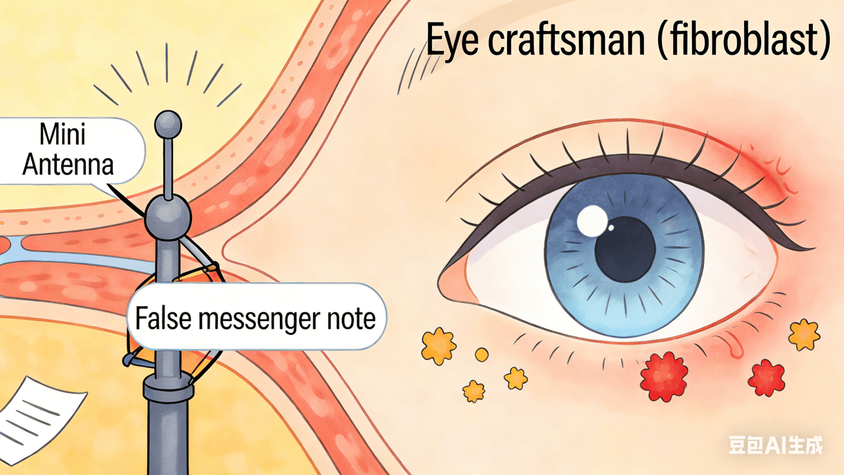 Question 5: What causes thyroid eye disease? What are autoantibodies against thyroid-stimulating hormone receptors (TSH), and why do they cause fibroblasts in the eye to differentiate into adipocytes, secrete inflammatory factors, and cause thyroid eye disease? I. First, a review: What are autoantibodies against TSH receptors? Remember in Graves' disease, when the body's "immune system security team" mistook one of the receptors for a culprit? It mistook the **"receiving antenna" (TSH receptor) on the thyroid gland's door** for a culprit and created many "fake messenger notes"—these notes are autoantibodies against TSH receptors. They look very similar to the real "messenger" (TSH) and are particularly persistent, randomly attaching "antennae" and sending incorrect instructions. II. "Mini Antennas" Hidden in the Eyes Around our eyes live many **"little eye craftsmen" (eye fibroblasts). These little craftsmen's job is to "repair" the tissues around the eyes, keeping the eyelids and eye sockets looking normal. Amazingly, these "little eye craftsmen" also possess miniature versions of "receiving antennas" (thyroid-stimulating hormone receptors)**—the same type as the antennas on the doors of thyroid factories! III. False Messengers Cause Thyroid Eye Disease These mischievous autoantibodies (false messenger notes) not only cause trouble in the thyroid factory but also drift around the eyes, sticking to the miniature antennas of the "little eye craftsmen." This sticking triggers two undesirable changes: 1. The craftsmen become "fat cells" Normal "little eye craftsmen" (fibroblasts) are forcibly transformed into **"fat little fatties" (lipocytes)**. These fat cells pile up in the eye socket, "pushing" the eyeball outwards, making the eyes appear to bulge. 2. Releasing "inflammatory bombs" The stuck craftsmen also become angry, secreting many **"inflammatory factors"**—like throwing out a bunch of small bombs, causing redness, swelling, dryness, and pain around the eyes, and also affecting eye movement. In short, thyroid eye disease is essentially Graves' disease's **"false messenger notes"**, which get stuck in the eye and affect the eye's tiny antennae, causing fat buildup in the eye socket and minor problems like eye inflammation and redness. Question 5: What causes thyroid eye disease? What are autoantibodies against thyroid-stimulating hormone receptors (TSH), and why do they cause fibroblasts in the eye to differentiate into adipocytes, secrete inflammatory factors, and cause thyroid eye disease? I. First, a review: What are autoantibodies against TSH receptors? Remember in Graves' disease, when the body's "immune system security team" mistook one of the receptors for a culprit? It mistook the **"receiving antenna" (TSH receptor) on the thyroid gland's door** for a culprit and created many "fake messenger notes"—these notes are autoantibodies against TSH receptors. They look very similar to the real "messenger" (TSH) and are particularly persistent, randomly attaching "antennae" and sending incorrect instructions. II. "Mini Antennas" Hidden in the Eyes Around our eyes live many **"little eye craftsmen" (eye fibroblasts). These little craftsmen's job is to "repair" the tissues around the eyes, keeping the eyelids and eye sockets looking normal. Amazingly, these "little eye craftsmen" also possess miniature versions of "receiving antennas" (thyroid-stimulating hormone receptors)**—the same type as the antennas on the doors of thyroid factories! III. False Messengers Cause Thyroid Eye Disease These mischievous autoantibodies (false messenger notes) not only cause trouble in the thyroid factory but also drift around the eyes, sticking to the miniature antennas of the "little eye craftsmen." This sticking triggers two undesirable changes: 1. The craftsmen become "fat cells" Normal "little eye craftsmen" (fibroblasts) are forcibly transformed into **"fat little fatties" (lipocytes)**. These fat cells pile up in the eye socket, "pushing" the eyeball outwards, making the eyes appear to bulge. 2. Releasing "inflammatory bombs" The stuck craftsmen also become angry, secreting many **"inflammatory factors"**—like throwing out a bunch of small bombs, causing redness, swelling, dryness, and pain around the eyes, and also affecting eye movement. In short, thyroid eye disease is essentially Graves' disease's **"false messenger notes"**, which get stuck in the eye and affect the eye's tiny antennae, causing fat buildup in the eye socket and minor problems like eye inflammation and redness.
