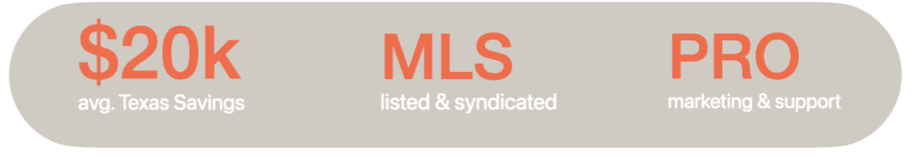 Stat bar showing twenty thousand dollars average Texas savings, MLS listed and syndicated, and pro tools and support. Stat bar showing twenty thousand dollars average Texas savings, MLS listed and syndicated, and pro tools and support.