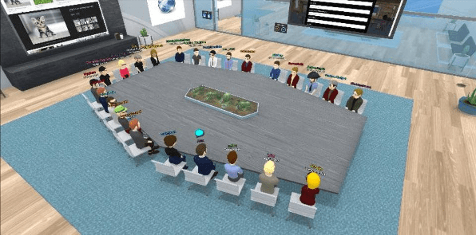 A virtual boardroom in Virbela. Each avatar represents a unique remote user. VIRBELA A virtual boardroom in Virbela. Each avatar represents a unique remote user. VIRBELA