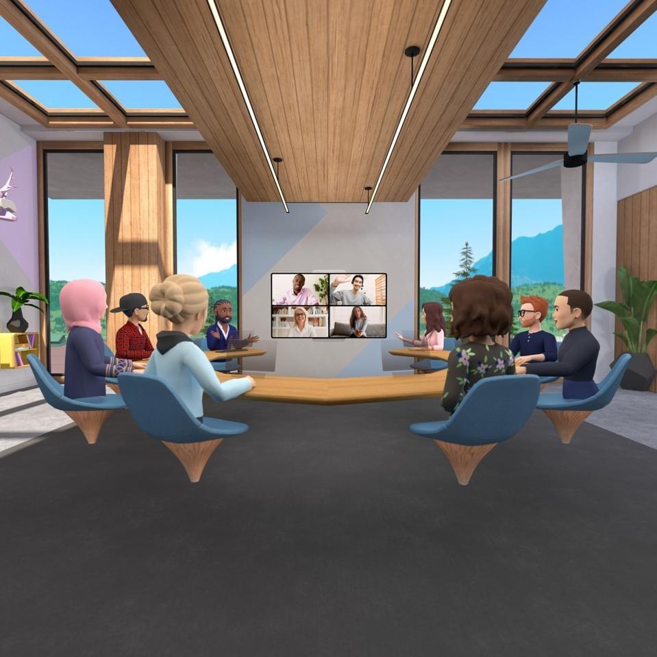 Horizon Workrooms meetings can include participants in VR and video. FACEBOOK REALITY LABS Horizon Workrooms meetings can include participants in VR and video. FACEBOOK REALITY LABS