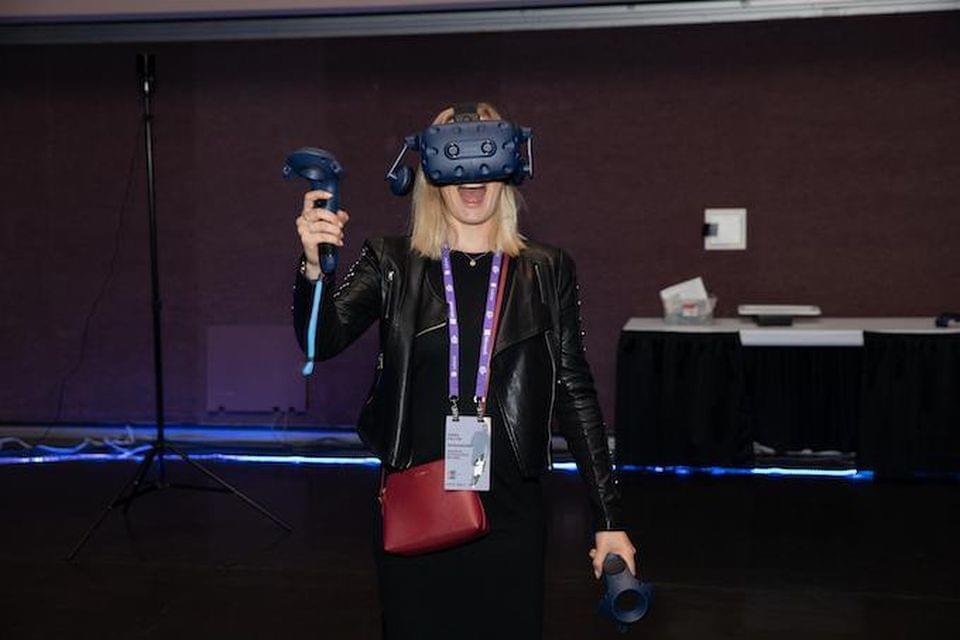 Researcher Anna Faltin from Brussels checks out the new Vive Pro at AWE 18. Michael O’Donnell for AWE USA 2018 Researcher Anna Faltin from Brussels checks out the new Vive Pro at AWE 18. Michael O’Donnell for AWE USA 2018