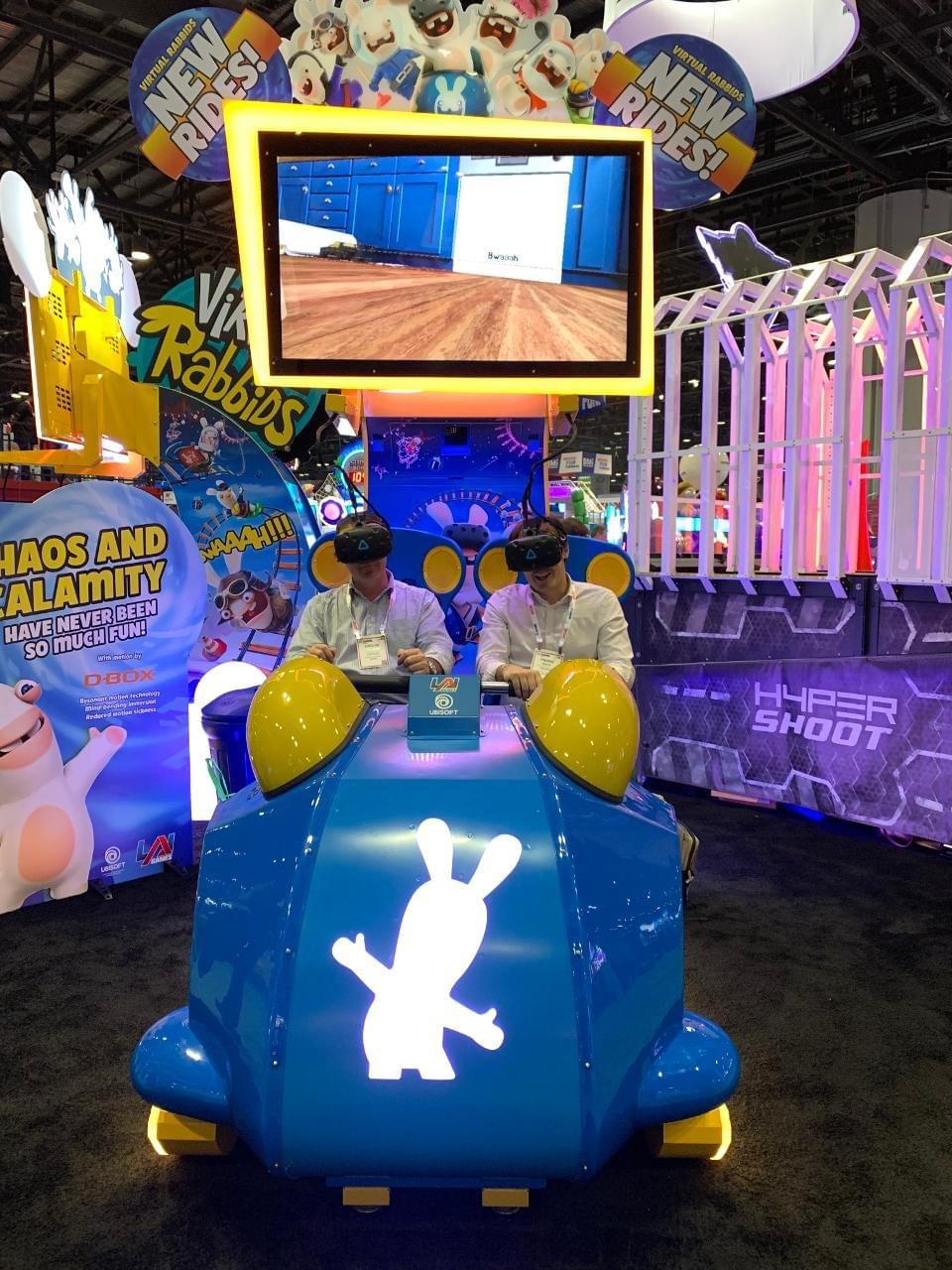 Rabbids 2 player VR simulator on a motion base. Not for the weak of heart or ear. They’ve sold 500 of these. CHARLIE FINK Rabbids 2 player VR simulator on a motion base. Not for the weak of heart or ear. They’ve sold 500 of these. CHARLIE FINK