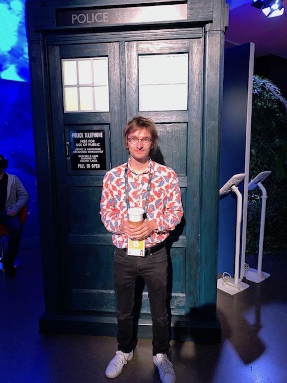 Director Mattias Chelebourg with the iconic telephone booth from “Dr. Who.” CHARLIE FINK Director Mattias Chelebourg with the iconic telephone booth from “Dr. Who.” CHARLIE FINK
