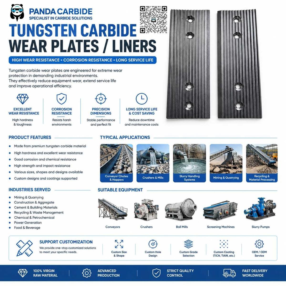 Tungsten carbide wear plates, carbide serrated liners, corrugated gripper jaws, carbide chute liners, anti-slip carbide inserts, Panda Carbide wear components, custom carbide wear plates China. Tungsten carbide wear plates, carbide serrated liners, corrugated gripper jaws, carbide chute liners, anti-slip carbide inserts, Panda Carbide wear components, custom carbide wear plates China.