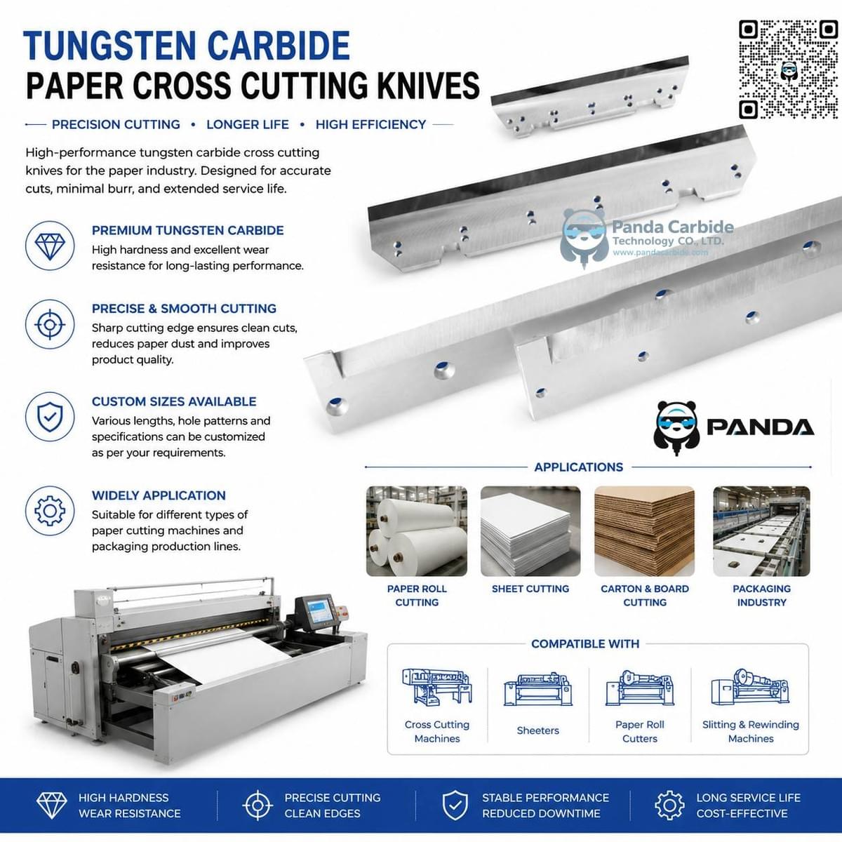Panda Carbide |High-Precision Inlaid Tungsten Carbide Crosscutting Knives with Custom Mounting Notches and Countersunk Holes for High-Speed Rotary Paper Sheeters.Inlaid tungsten carbide crosscutting knives and paper sheeter blades showing mounting slots and precision ground bevel. Panda Carbide |High-Precision Inlaid Tungsten Carbide Crosscutting Knives with Custom Mounting Notches and Countersunk Holes for High-Speed Rotary Paper Sheeters.Inlaid tungsten carbide crosscutting knives and paper sheeter blades showing mounting slots and precision ground bevel.
