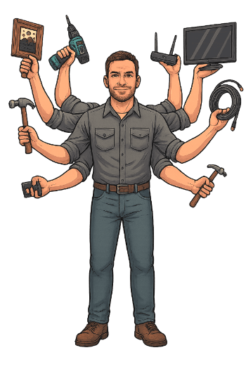 An eight armed cartoon of Jesse holds various tools and technology. An eight armed cartoon of Jesse holds various tools and technology.