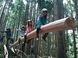 丸太の一本橋を渡って遊ぶ子どもたちの写真 丸太の一本橋を渡って遊ぶ子どもたちの写真