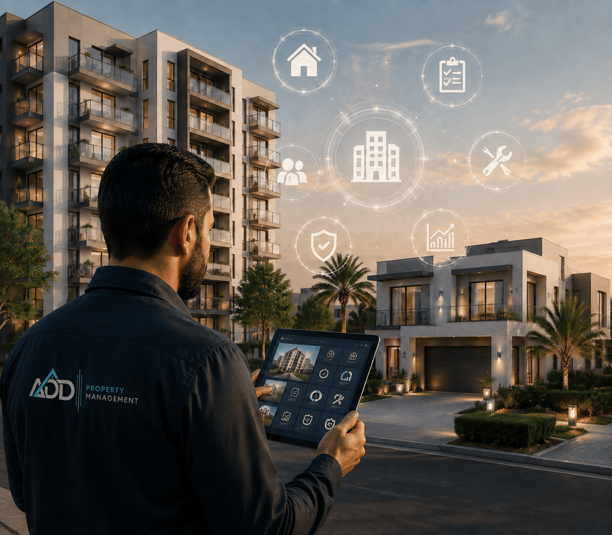 مشهد واقعي احترافي لإدارة الممتلكات السكنية، يظهر موظف إدارة عقارات يتابع مبنى سكنيًا وفللًا حديثة باستخدام جهاز لوحي مع واجهة رقمية ذكية توضح المتابعة والتشغيل والصيانة، ضمن أسلوب مؤسسي يعكس إدارة الشقق والفلل والعمارات السكنية. مشهد واقعي احترافي لإدارة الممتلكات السكنية، يظهر موظف إدارة عقارات يتابع مبنى سكنيًا وفللًا حديثة باستخدام جهاز لوحي مع واجهة رقمية ذكية توضح المتابعة والتشغيل والصيانة، ضمن أسلوب مؤسسي يعكس إدارة الشقق والفلل والعمارات السكنية.
