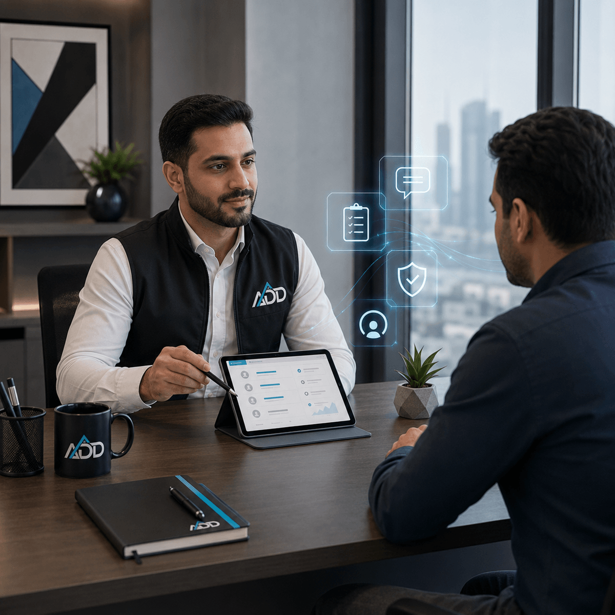 مشهد واقعي احترافي يعكس تجربة خدمة راقية في إدارة الممتلكات، يظهر موظف من ADD Property Management داخل مكتب حديث يتواصل مع مالك عقار بطريقة مهنية هادئة، مع استخدام لوغو الشركة على الملابس والأدوات، وعناصر رقمية خفيفة توحي بتنظيم التواصل وإدارة الطلبات والمتابعة، ضمن ألوان الهوية المؤسسية الأسود والسماوي والأبيض. مشهد واقعي احترافي يعكس تجربة خدمة راقية في إدارة الممتلكات، يظهر موظف من ADD Property Management داخل مكتب حديث يتواصل مع مالك عقار بطريقة مهنية هادئة، مع استخدام لوغو الشركة على الملابس والأدوات، وعناصر رقمية خفيفة توحي بتنظيم التواصل وإدارة الطلبات والمتابعة، ضمن ألوان الهوية المؤسسية الأسود والسماوي والأبيض.