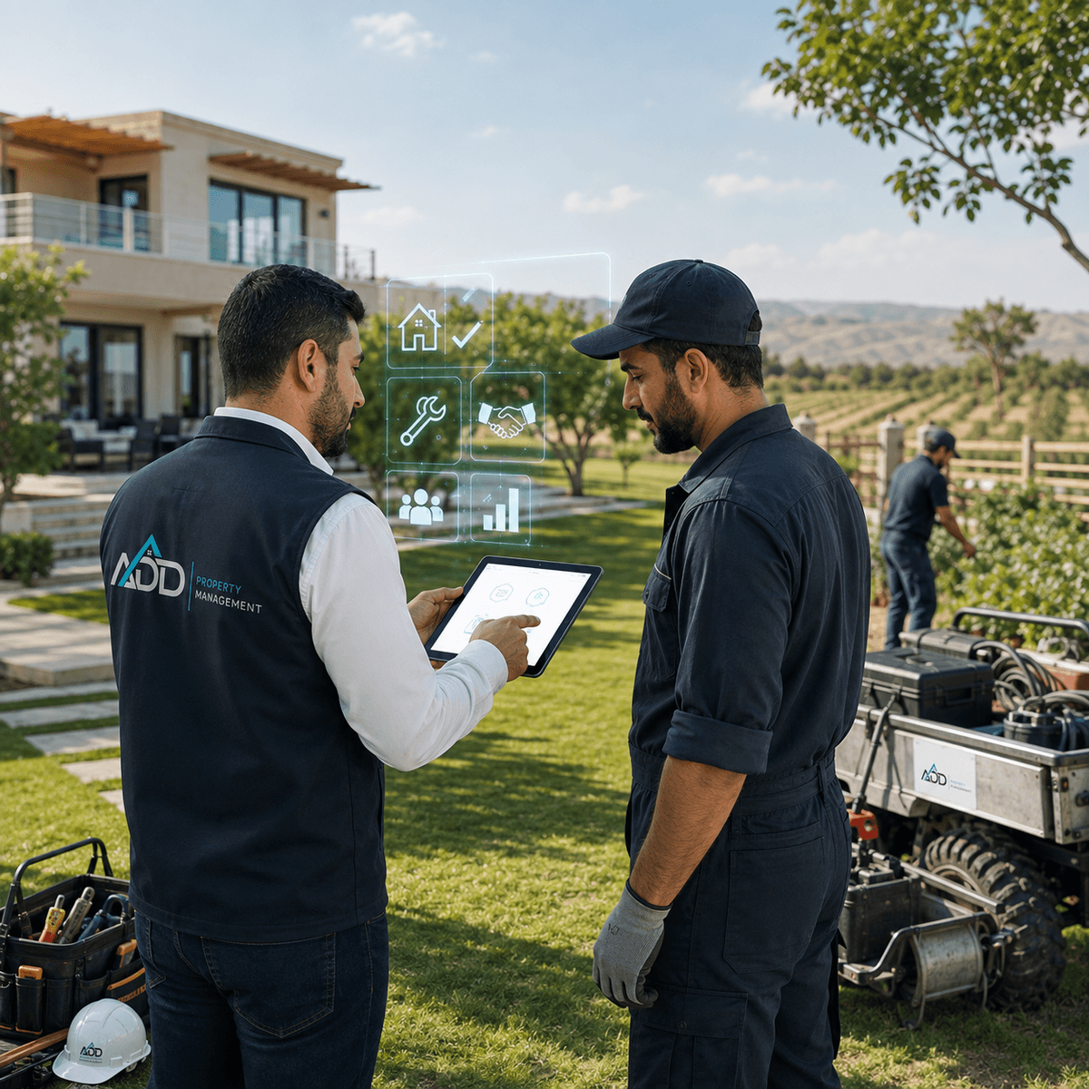 مشهد واقعي احترافي لإدارة الشاليهات والمزارع العقارية، يظهر فريق تشغيل من ADD Property Management يتابع جاهزية الأصل وأعمال الصيانة والموردين في موقع ريفي حديث، مع استخدام أدوات المتابعة الرقمية وعناصر توحي بالتشغيل المنظم وإدارة الخدمات حسب طبيعة العقار. مشهد واقعي احترافي لإدارة الشاليهات والمزارع العقارية، يظهر فريق تشغيل من ADD Property Management يتابع جاهزية الأصل وأعمال الصيانة والموردين في موقع ريفي حديث، مع استخدام أدوات المتابعة الرقمية وعناصر توحي بالتشغيل المنظم وإدارة الخدمات حسب طبيعة العقار.