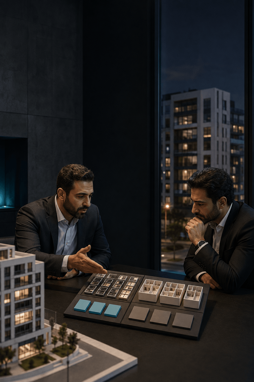 مدير ممتلكات يعرض على مستثمر لوحة بصرية موجزة توضح حالة المشروع والأعمال المنجزة والأولويات والقرارات المطلوبة. مدير ممتلكات يعرض على مستثمر لوحة بصرية موجزة توضح حالة المشروع والأعمال المنجزة والأولويات والقرارات المطلوبة.