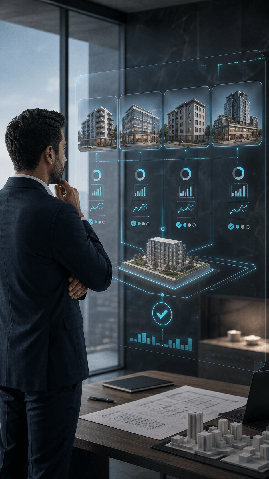 مشهد احترافي طولي لمتخصص عقاري يدرس بدائل استخدام أصل عقاري عبر نماذج رقمية لمشروعات سكنية وتجارية ومتعددة الاستخدامات، مع مؤشرات مقارنة للتكاليف والطلب والسوق قبل اعتماد التصور التطويري، باستخدام درجات السماوي والأسود والرمادي المستوحاة من هوية الإضافة لإدارة الممتلكات. مشهد احترافي طولي لمتخصص عقاري يدرس بدائل استخدام أصل عقاري عبر نماذج رقمية لمشروعات سكنية وتجارية ومتعددة الاستخدامات، مع مؤشرات مقارنة للتكاليف والطلب والسوق قبل اعتماد التصور التطويري، باستخدام درجات السماوي والأسود والرمادي المستوحاة من هوية الإضافة لإدارة الممتلكات.