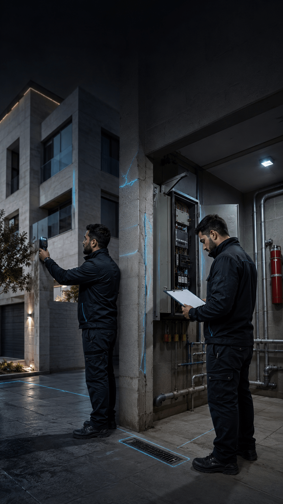 مهندس وفني مرافق يفحصان الحالة الإنشائية والكهرباء والتمديدات والبنية التحتية لعقار قائم لتحديد أعمال الإصلاح والتأهيل المطلوبة مهندس وفني مرافق يفحصان الحالة الإنشائية والكهرباء والتمديدات والبنية التحتية لعقار قائم لتحديد أعمال الإصلاح والتأهيل المطلوبة