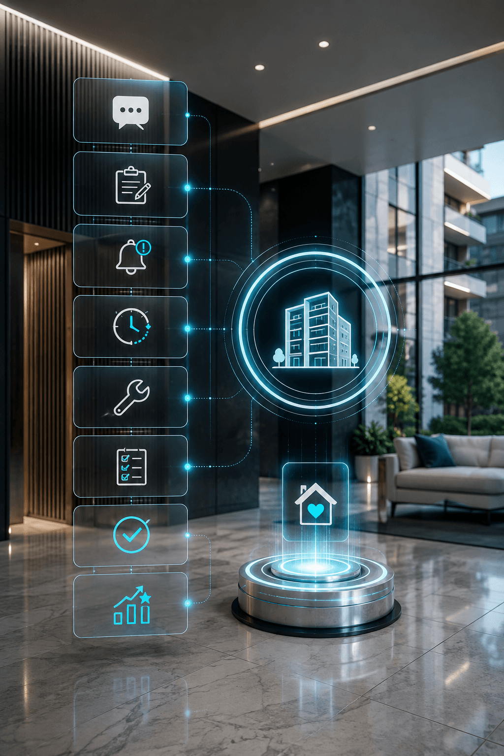 تصميم طولي يعبر عن تجربة المستأجر في إدارة الممتلكات، ويجسد متابعة طلبات المستأجرين والشكاوى وحالة الاستجابة والإغلاق وتحسين الخدمة داخل عقار ذكي بواجهة رقمية حديثة، باستخدام ألوان الهوية الأزرق والأسود. تصميم طولي يعبر عن تجربة المستأجر في إدارة الممتلكات، ويجسد متابعة طلبات المستأجرين والشكاوى وحالة الاستجابة والإغلاق وتحسين الخدمة داخل عقار ذكي بواجهة رقمية حديثة، باستخدام ألوان الهوية الأزرق والأسود.