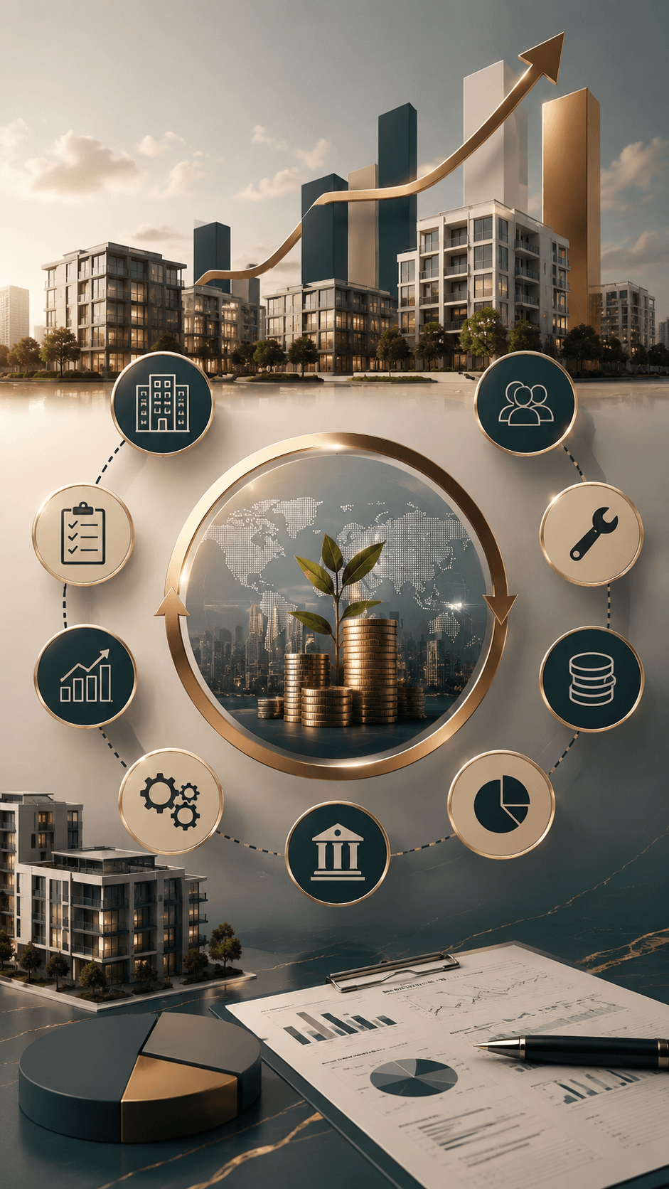تصميم طولي احترافي يعبر عن استراتيجية الدخل العقاري من خلال مبانٍ استثمارية وعناصر مالية مترابطة توضح العلاقة بين الإشغال والتحصيل والإيرادات ومصروفات التشغيل والصيانة والمخصصات والاحتياطيات، باستخدام ألوان مستوحاة من هوية الإضافة لإدارة الممتلكات، وبدون كتابات أو شعارات داخل التصميم. تصميم طولي احترافي يعبر عن استراتيجية الدخل العقاري من خلال مبانٍ استثمارية وعناصر مالية مترابطة توضح العلاقة بين الإشغال والتحصيل والإيرادات ومصروفات التشغيل والصيانة والمخصصات والاحتياطيات، باستخدام ألوان مستوحاة من هوية الإضافة لإدارة الممتلكات، وبدون كتابات أو شعارات داخل التصميم.