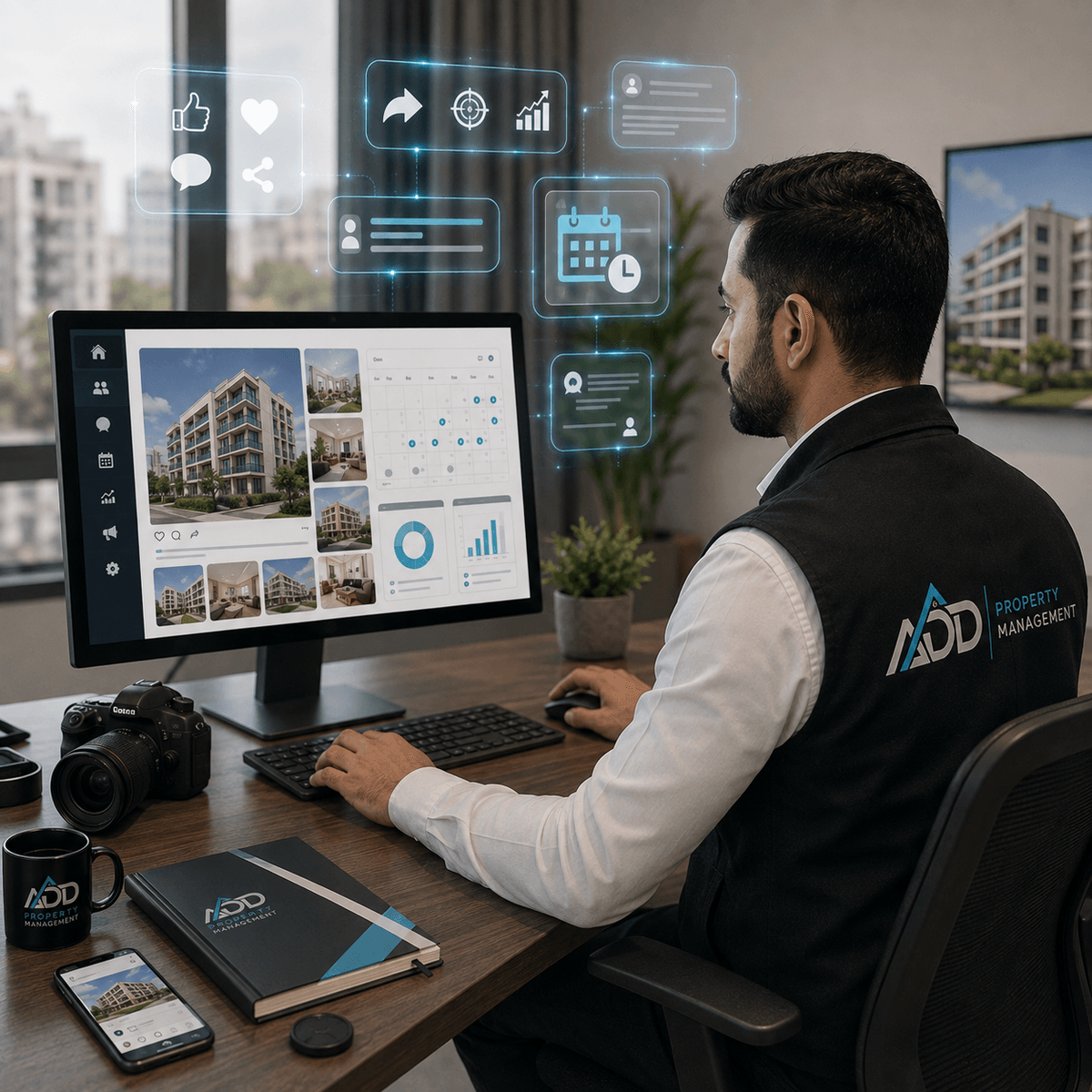 مشهد واقعي احترافي لموظف من شركة ADD Property Management يدير تسويق عقار من خلال جهاز كمبيوتر، مع واجهة رقمية ذكية تعرض صور العقار والاستفسارات وجدول الزيارات وحالة الإشغال ضمن نظام إدارة عقارية حديث. مشهد واقعي احترافي لموظف من شركة ADD Property Management يدير تسويق عقار من خلال جهاز كمبيوتر، مع واجهة رقمية ذكية تعرض صور العقار والاستفسارات وجدول الزيارات وحالة الإشغال ضمن نظام إدارة عقارية حديث.