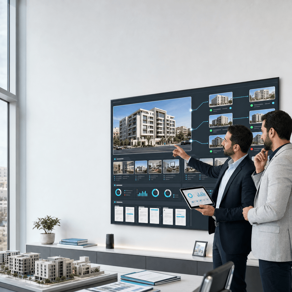 مدير ممتلكات يعرض على مستثمر لوحة ذكية لمتابعة أصل استثماري ومحفظة من العقارات والوحدات والتقارير التشغيلية مدير ممتلكات يعرض على مستثمر لوحة ذكية لمتابعة أصل استثماري ومحفظة من العقارات والوحدات والتقارير التشغيلية