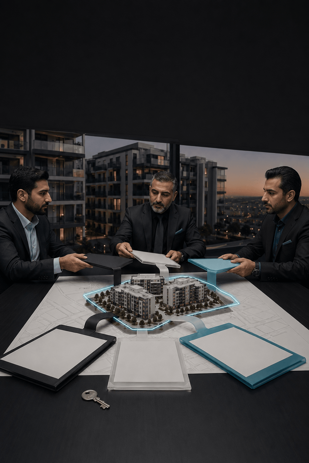 ممثل الأصل والمستثمر ومستشار المعاملات يراجعون وثائق الاستحواذ والملكية والحقوق والالتزامات حول نموذج مشروع عقاري محدد الحدود ممثل الأصل والمستثمر ومستشار المعاملات يراجعون وثائق الاستحواذ والملكية والحقوق والالتزامات حول نموذج مشروع عقاري محدد الحدود