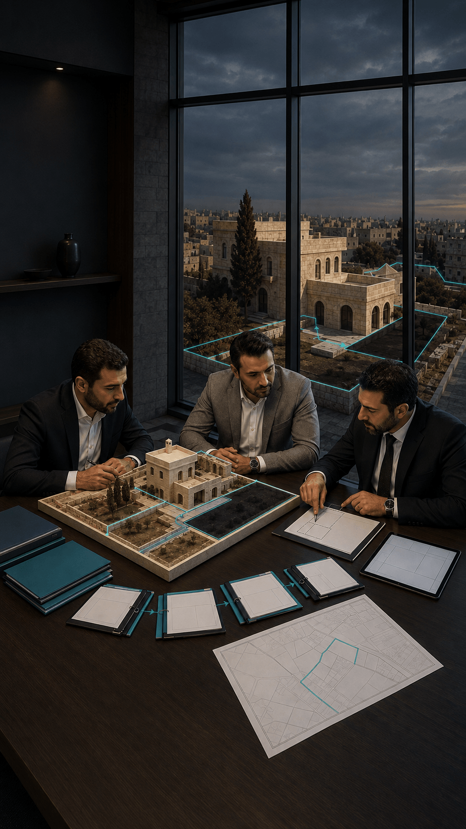فريق متخصص يراجع نموذجًا لعقار ومستندات الملكية ومخطط الحدود والحقوق والقيود المرتبطة بالأصل قبل اتخاذ القرار فريق متخصص يراجع نموذجًا لعقار ومستندات الملكية ومخطط الحدود والحقوق والقيود المرتبطة بالأصل قبل اتخاذ القرار