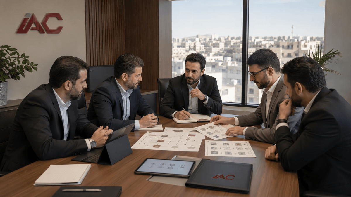 فريق استشاري يراجع وثائق وبيانات المؤسسة خلال جلسة تشخيص أولية لتحديد الوضع القائم والفجوات والأولويات والمسار الاستشاري الأنسب. فريق استشاري يراجع وثائق وبيانات المؤسسة خلال جلسة تشخيص أولية لتحديد الوضع القائم والفجوات والأولويات والمسار الاستشاري الأنسب.