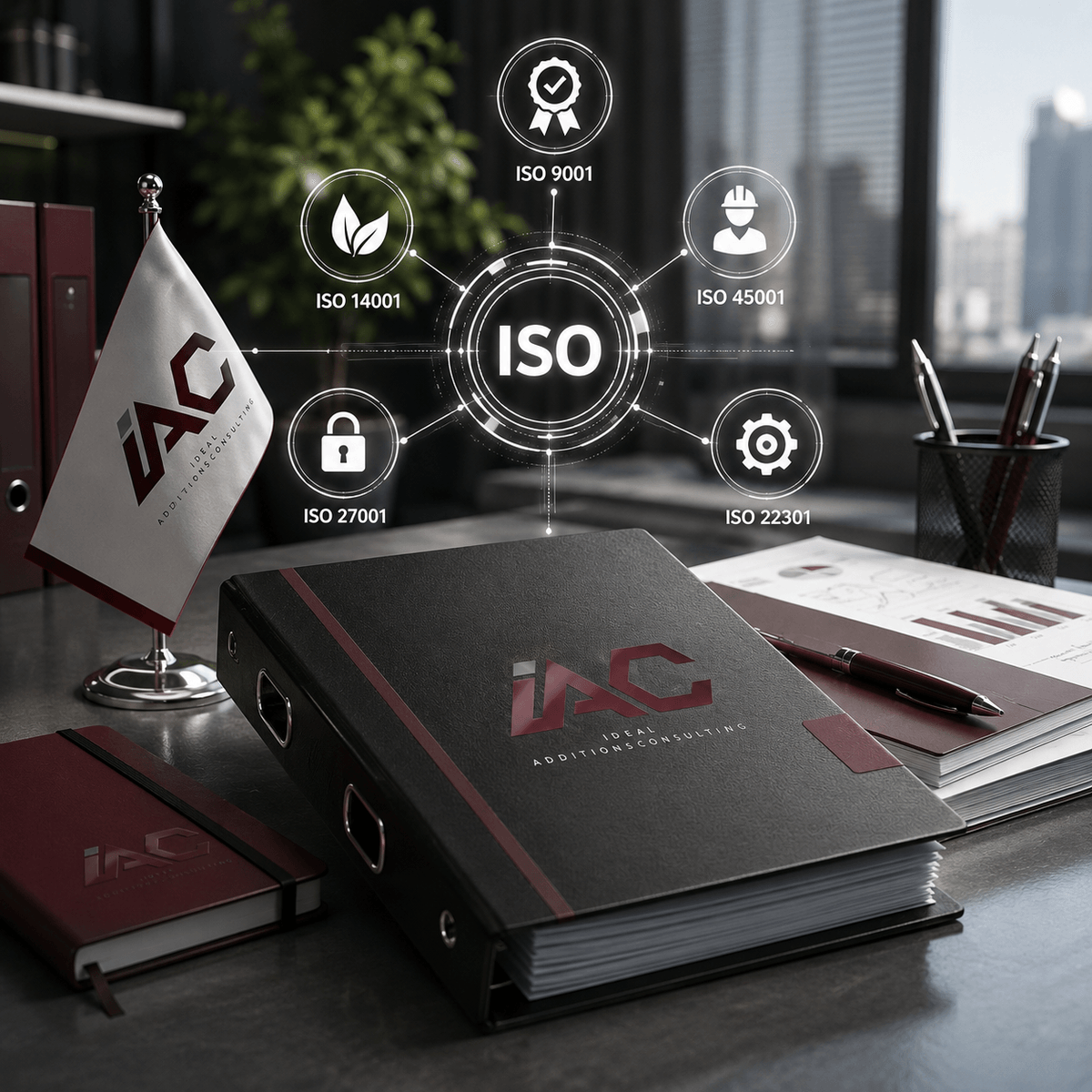 مكتب استشاري يضم ملفات عمل وشاشة تعرض ترابط أنظمة الإدارة والتدقيق وفق معايير ISO. مكتب استشاري يضم ملفات عمل وشاشة تعرض ترابط أنظمة الإدارة والتدقيق وفق معايير ISO.
