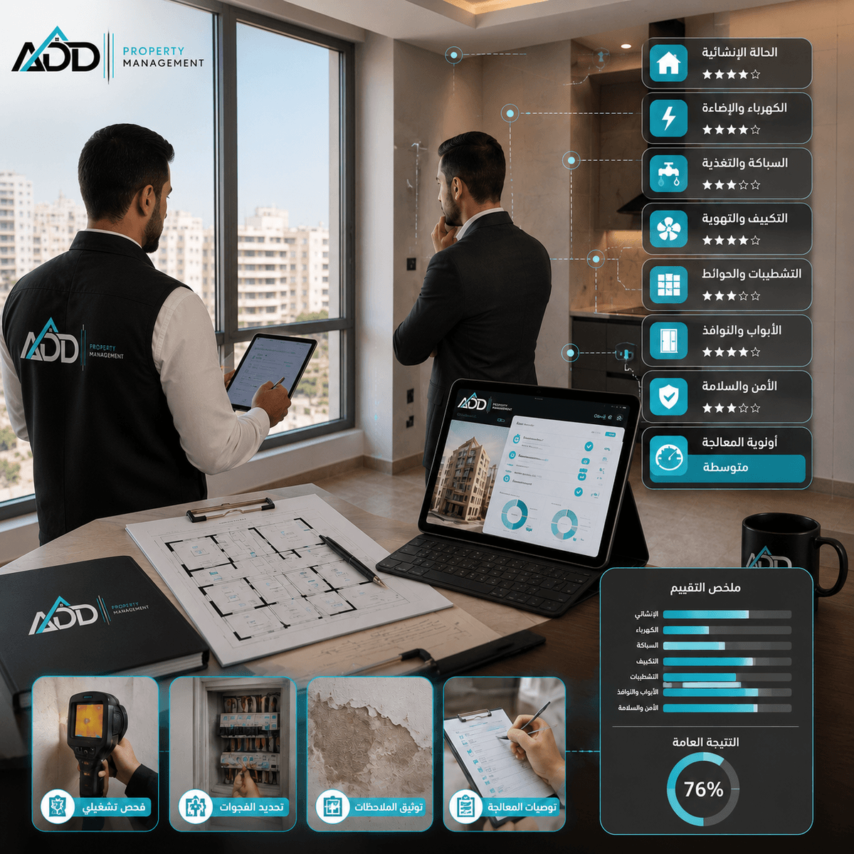 مشهد واقعي احترافي لفريق ADD Property Management أثناء تقييم حالة عقار، يظهر مسؤول إدارة ممتلكات يرتدي زي الشركة مع اللوغو الرسمي ويستخدم جهازًا لوحيًا لمراجعة جاهزية الوحدة، مع مالك أو مستثمر يراجع الملاحظات، ووجود مخططات وتقارير رقمية ذكية توضح فحص حالة العقار وتحديد الفجوات والاحتياجات التشغيلية. مشهد واقعي احترافي لفريق ADD Property Management أثناء تقييم حالة عقار، يظهر مسؤول إدارة ممتلكات يرتدي زي الشركة مع اللوغو الرسمي ويستخدم جهازًا لوحيًا لمراجعة جاهزية الوحدة، مع مالك أو مستثمر يراجع الملاحظات، ووجود مخططات وتقارير رقمية ذكية توضح فحص حالة العقار وتحديد الفجوات والاحتياجات التشغيلية.