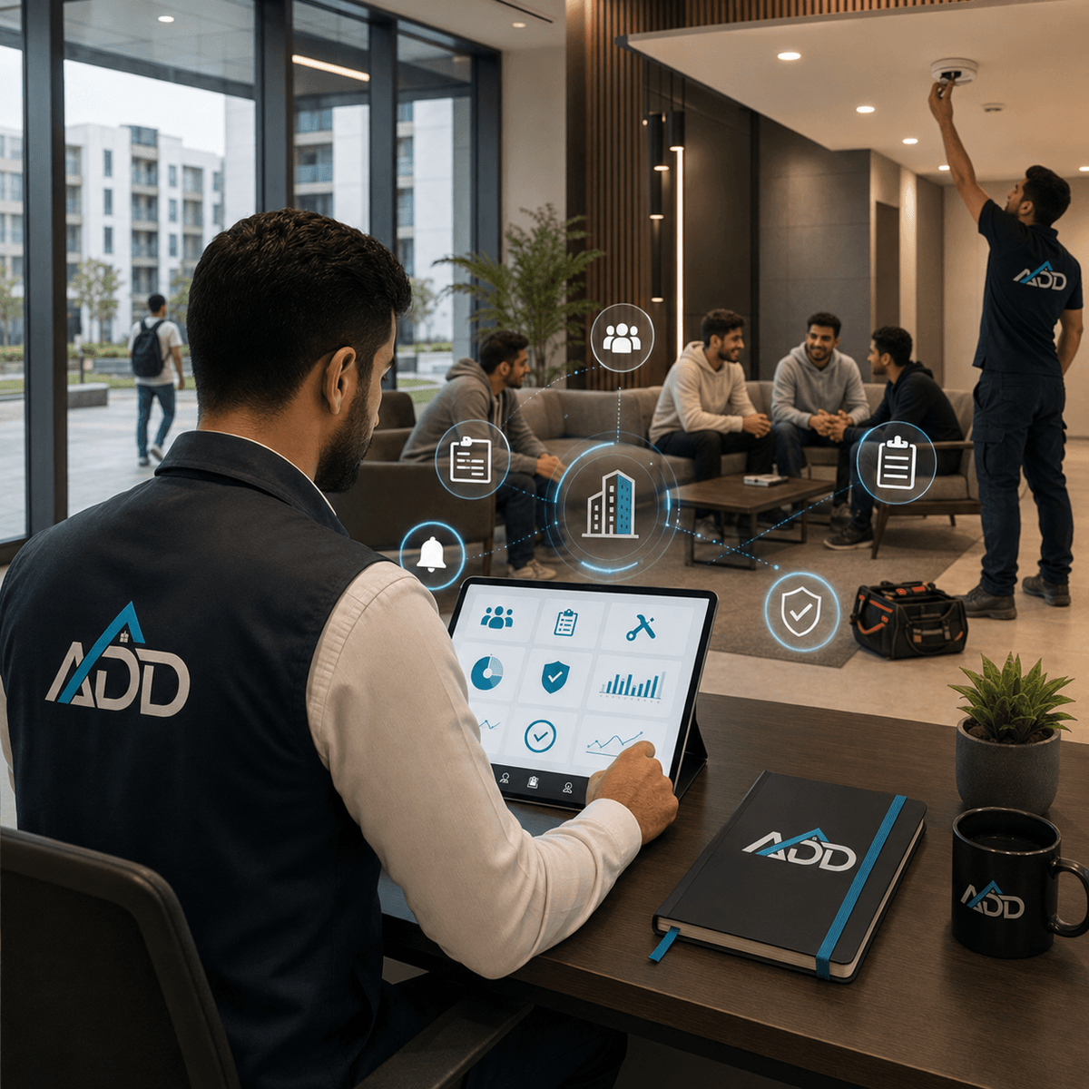 مشهد واقعي احترافي لإدارة سكن طلابي، يظهر موظف من ADD Property Management يتابع شؤون الإقامة باستخدام جهاز لوحي، مع مبنى سكني طلابي وخدمات الصيانة والمتابعة وطلبات المقيمين ضمن بيئة تشغيل ذكية تعكس إدارة يومية منظمة للمرافق السكنية. مشهد واقعي احترافي لإدارة سكن طلابي، يظهر موظف من ADD Property Management يتابع شؤون الإقامة باستخدام جهاز لوحي، مع مبنى سكني طلابي وخدمات الصيانة والمتابعة وطلبات المقيمين ضمن بيئة تشغيل ذكية تعكس إدارة يومية منظمة للمرافق السكنية.