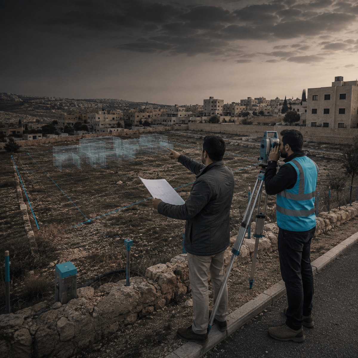 مدير ممتلكات ومهندس مساحة يعاينان أرضًا غير مطورة ويدرسـان حدودها والبنية التحتية والاستخدامات المحتملة قبل اتخاذ قرار التطوير مدير ممتلكات ومهندس مساحة يعاينان أرضًا غير مطورة ويدرسـان حدودها والبنية التحتية والاستخدامات المحتملة قبل اتخاذ قرار التطوير