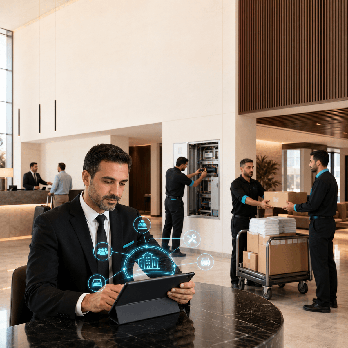 مدير ممتلكات يتابع عبر نظام ذكي أعمال تشغيل فندق وصيانته ومورديه والخدمات المرتبطة بتجربة النزلاء مدير ممتلكات يتابع عبر نظام ذكي أعمال تشغيل فندق وصيانته ومورديه والخدمات المرتبطة بتجربة النزلاء