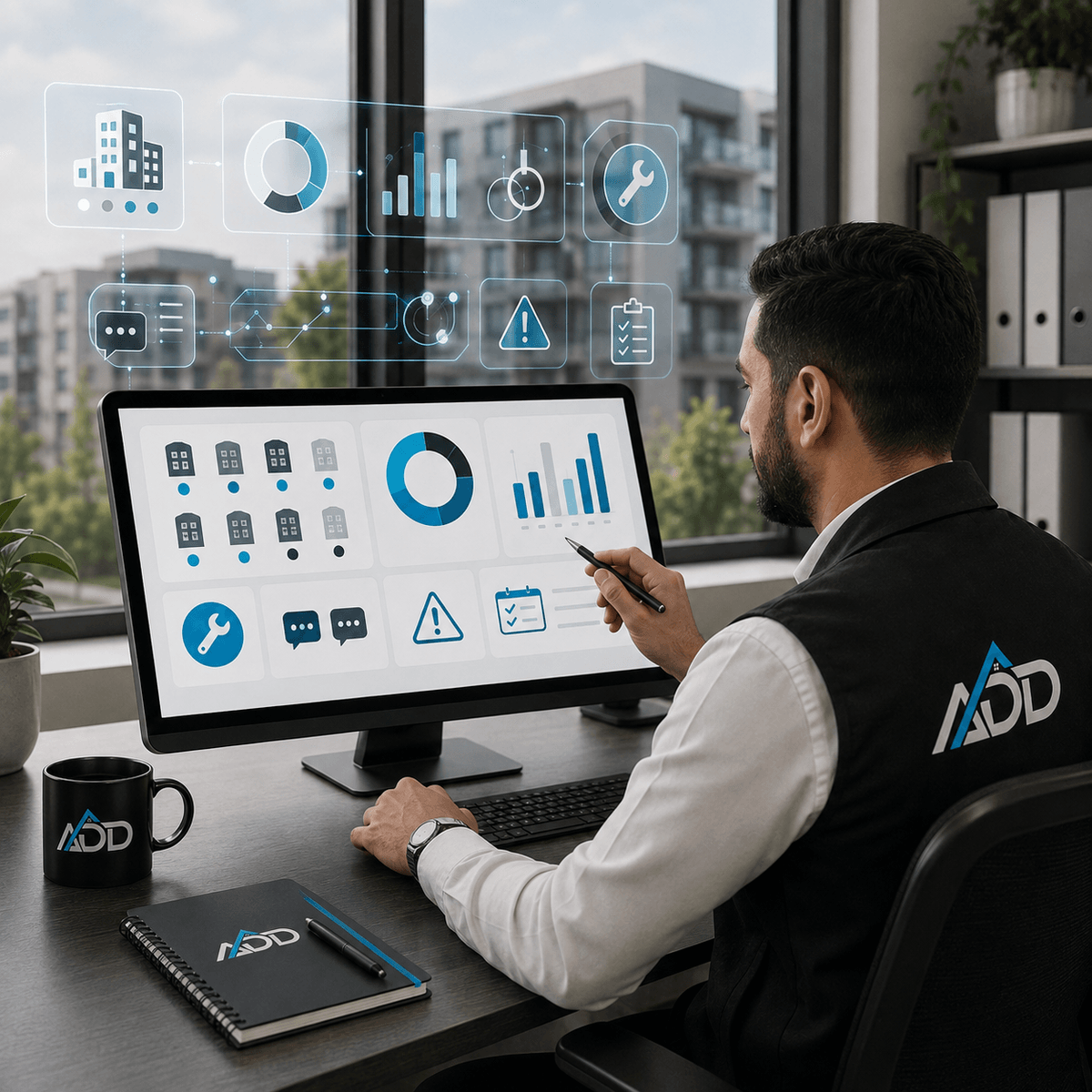 مشهد واقعي احترافي لموظف من ADD Property Management يراجع تقريرًا دوريًا لإدارة الممتلكات أمام شاشة كمبيوتر، مع واجهات رقمية ذكية تعرض مؤشرات التشغيل مثل حالة الوحدات، الصيانة، طلبات المستأجرين، والمتابعة، باستخدام هوية الشركة وألوانها المؤسسية، بما يعكس التقارير كأداة قرار للمالك. مشهد واقعي احترافي لموظف من ADD Property Management يراجع تقريرًا دوريًا لإدارة الممتلكات أمام شاشة كمبيوتر، مع واجهات رقمية ذكية تعرض مؤشرات التشغيل مثل حالة الوحدات، الصيانة، طلبات المستأجرين، والمتابعة، باستخدام هوية الشركة وألوانها المؤسسية، بما يعكس التقارير كأداة قرار للمالك.
