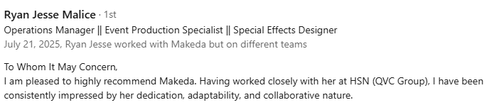 Reccomendation from LinkedIn Reccomendation from LinkedIn