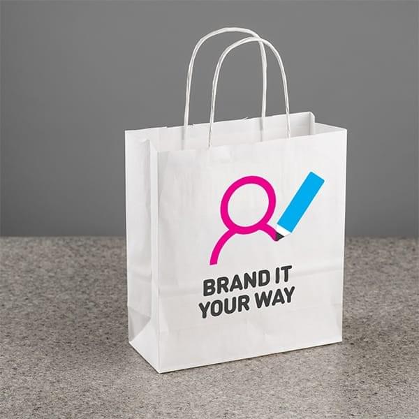 White kraft paper bags with custom logo printing for boutiques, retail stores, and events in Malaysia. White kraft paper bags with custom logo printing for boutiques, retail stores, and events in Malaysia.