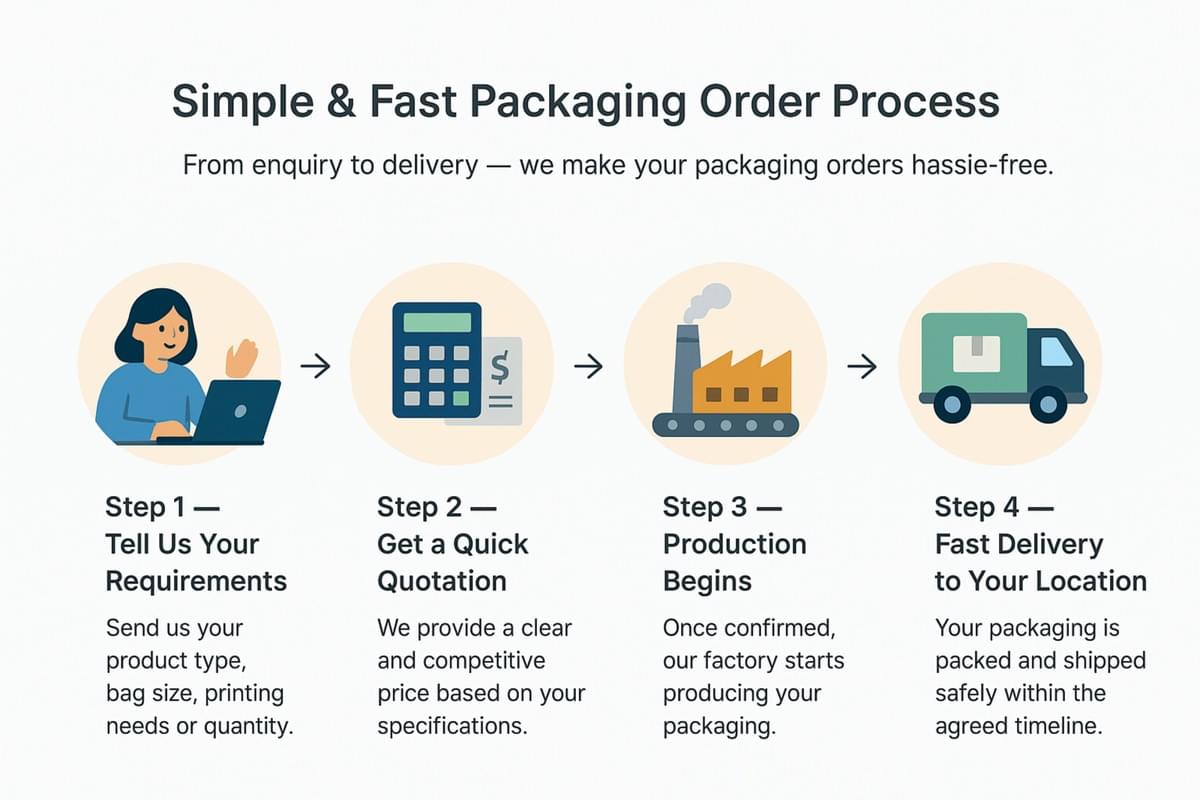Simple and fast packaging order process showing four steps: submit requirements, get quotation, production, and fast delivery. Simple and fast packaging order process showing four steps: submit requirements, get quotation, production, and fast delivery.