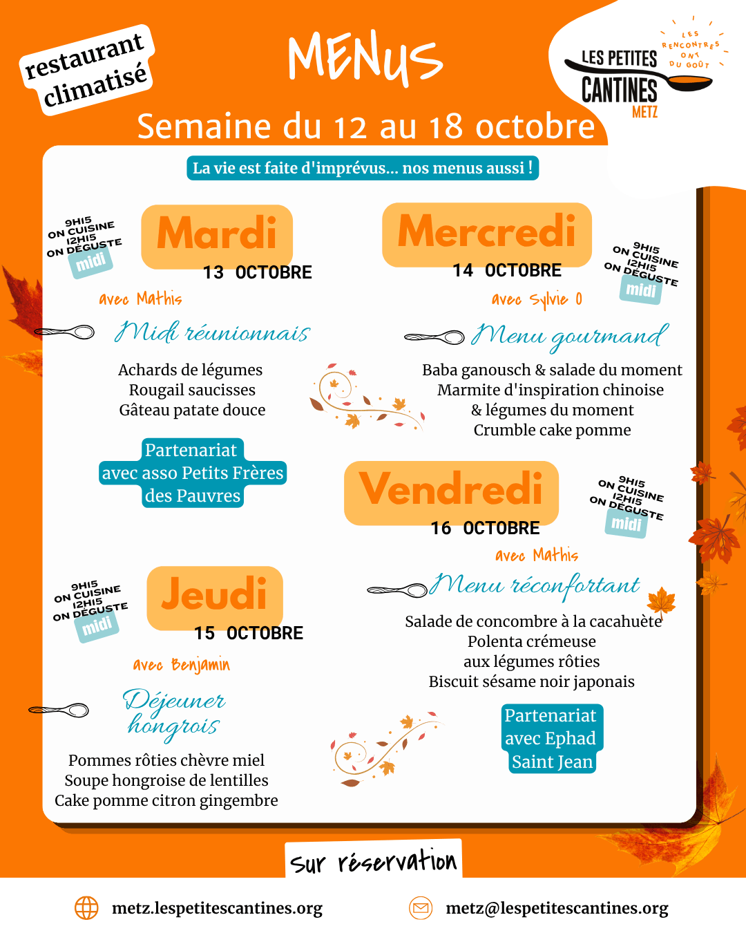 Agenda d’avril des Petites Cantines Metz présenté sous forme de calendrier avec plusieurs rendez-vous culinaires et conviviaux : le 6 avril, brunch de Pâques avec Pierre et Sylvie ; le 7 avril, midi 100% citron ; le 8 avril, midi et rendez-vous créatif à 15h30 ; le 9 avril, midi “voilà le printemps !” et soirée scène ouverte ; le 11 avril, soirée accord mets bières avec Brassage de Cultures ; le 14 avril, midi vacances en Ardèche et yoga à 14h30 ; le 15 avril, midi ; le 16 avril, midi “vamos a Argentina !” ; le 19 avril, brunch drag avec Queerdom ; le 21 avril, midi ; le 22 avril, midi destination Bollywood et rendez-vous créatif à 15h30 ; le 23 avril, soirée tea-time et tapas ; le 26 avril, brunch zéro déchet avec Zero Waste Metz ; le 28 avril, midi “la cantine en mieux” ; le 29 avril, midi ; le 30 avril, midi indien. En bas, les contacts de réservation : metz.lespetitescantines.org, 06.42.14.29.97 et metz@lespetitescantines.org. Agenda d’avril des Petites Cantines Metz présenté sous forme de calendrier avec plusieurs rendez-vous culinaires et conviviaux : le 6 avril, brunch de Pâques avec Pierre et Sylvie ; le 7 avril, midi 100% citron ; le 8 avril, midi et rendez-vous créatif à 15h30 ; le 9 avril, midi “voilà le printemps !” et soirée scène ouverte ; le 11 avril, soirée accord mets bières avec Brassage de Cultures ; le 14 avril, midi vacances en Ardèche et yoga à 14h30 ; le 15 avril, midi ; le 16 avril, midi “vamos a Argentina !” ; le 19 avril, brunch drag avec Queerdom ; le 21 avril, midi ; le 22 avril, midi destination Bollywood et rendez-vous créatif à 15h30 ; le 23 avril, soirée tea-time et tapas ; le 26 avril, brunch zéro déchet avec Zero Waste Metz ; le 28 avril, midi “la cantine en mieux” ; le 29 avril, midi ; le 30 avril, midi indien. En bas, les contacts de réservation : metz.lespetitescantines.org, 06.42.14.29.97 et metz@lespetitescantines.org.