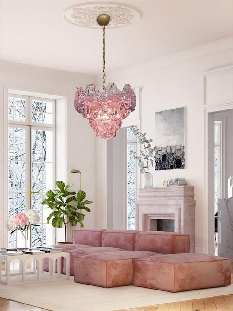 Pink Murano Glass Shell Chandelier – 36-Piece Italian Artisanal Lighting with Gold Frame for Luxury