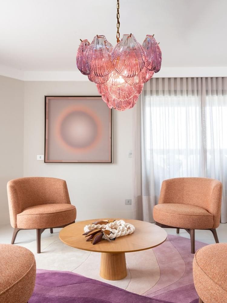 Pink Murano Glass Shell Chandelier – 36-Piece Italian Artisanal Lighting with Gold Frame for Luxury