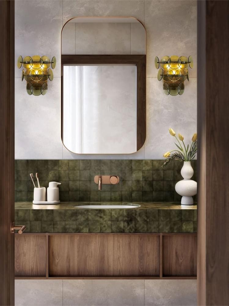 Mid-Century Clear Green Brass Glass Bedside Wall Sconce for Bedroom Decor