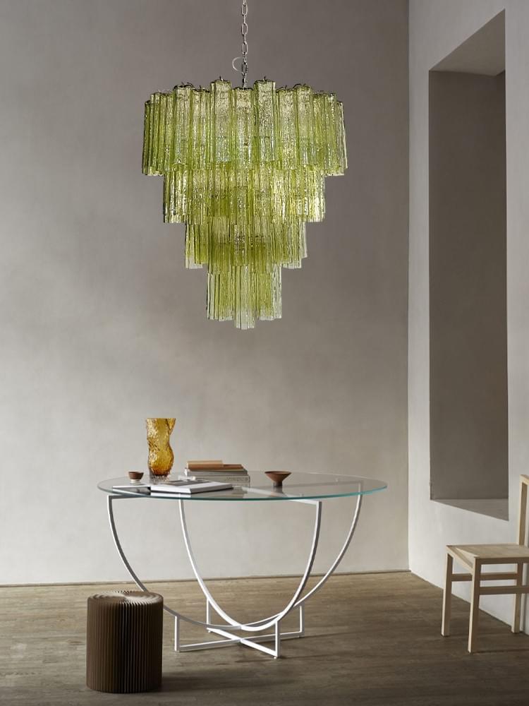 Classic Style Italian Chandelier – Waterfall of Blush Green Murano Glass Tubes