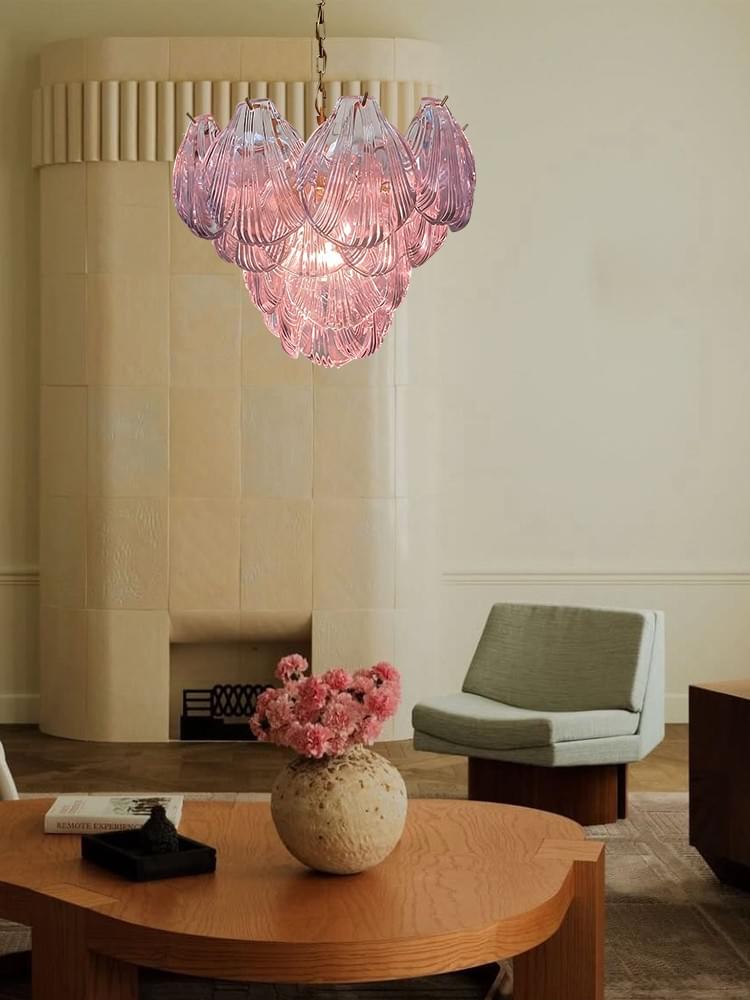 Pink Murano Glass Shell Chandelier – 36-Piece Italian Artisanal Lighting with Gold Frame for Luxury