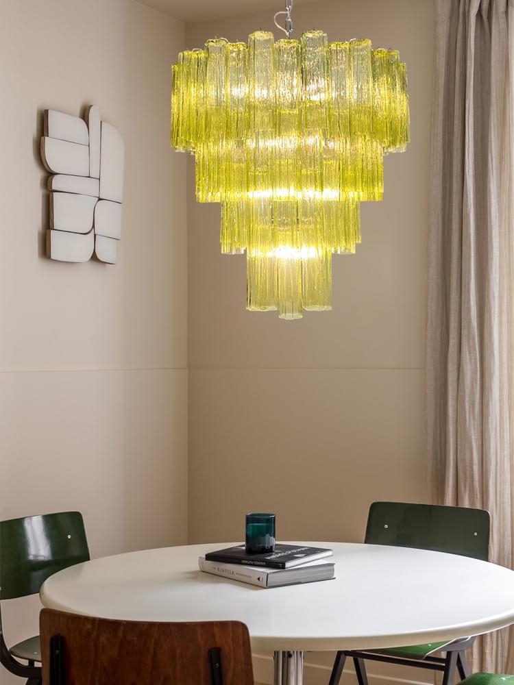 Classic Style Italian Chandelier – Waterfall of Blush Green Murano Glass Tubes