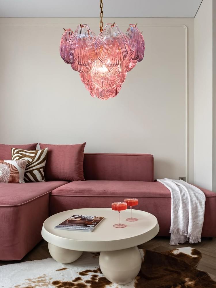 Pink Murano Glass Shell Chandelier – 36-Piece Italian Artisanal Lighting with Gold Frame for Luxury