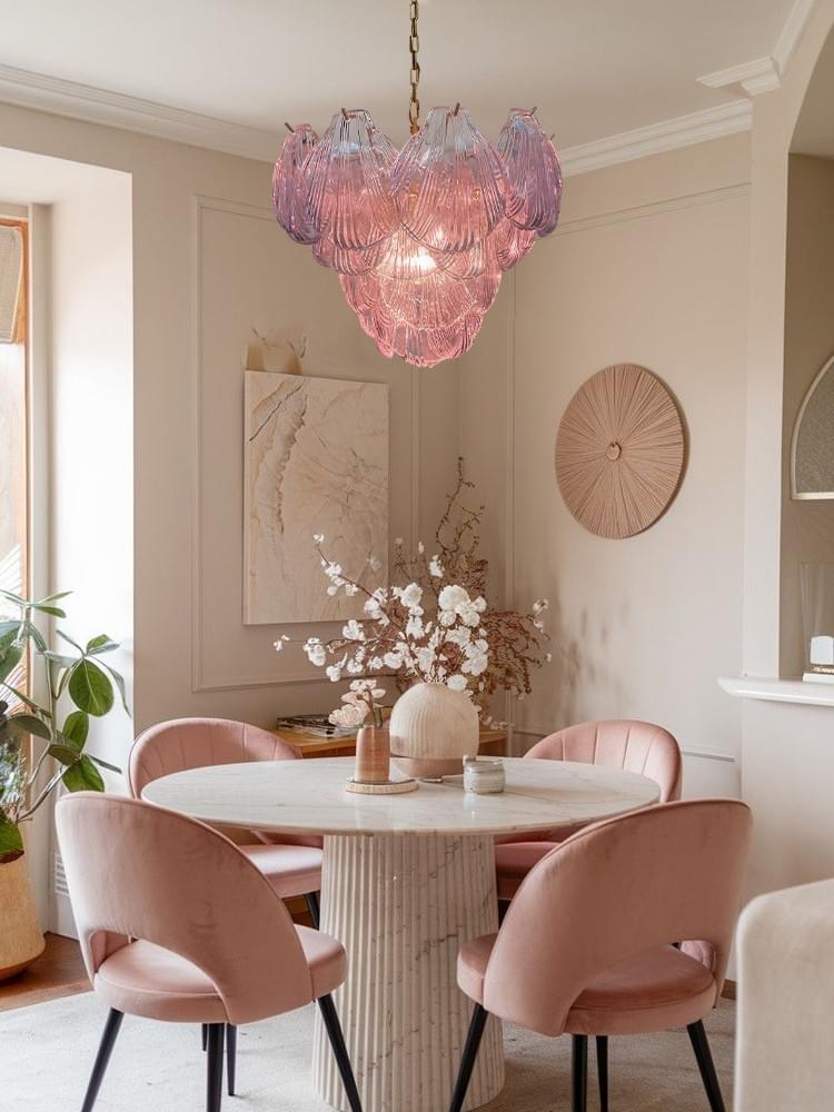 Pink Murano Glass Shell Chandelier – 36-Piece Italian Artisanal Lighting with Gold Frame for Luxury