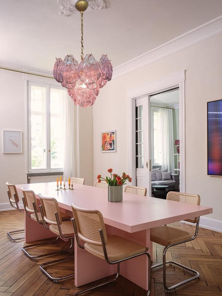 Pink Murano Glass Shell Chandelier – 36-Piece Italian Artisanal Lighting with Gold Frame for Luxury