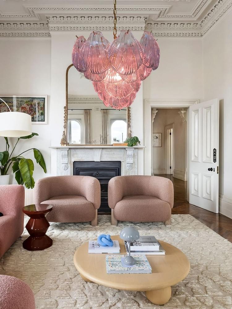Pink Murano Glass Shell Chandelier – 36-Piece Italian Artisanal Lighting with Gold Frame for Luxury