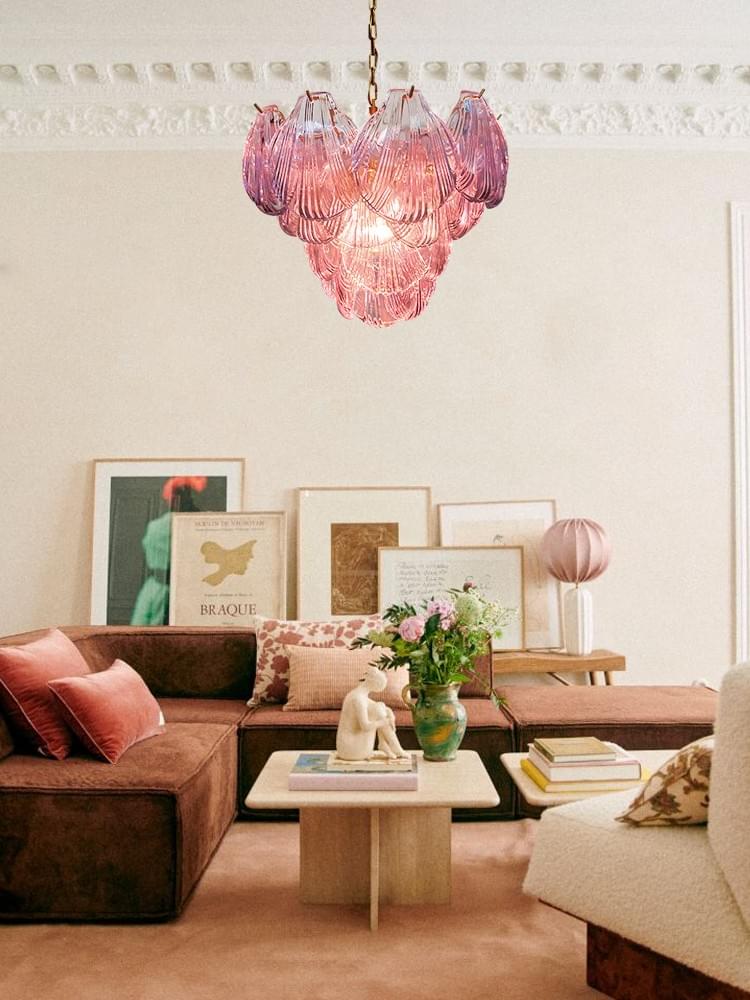 Pink Murano Glass Shell Chandelier – 36-Piece Italian Artisanal Lighting with Gold Frame for Luxury